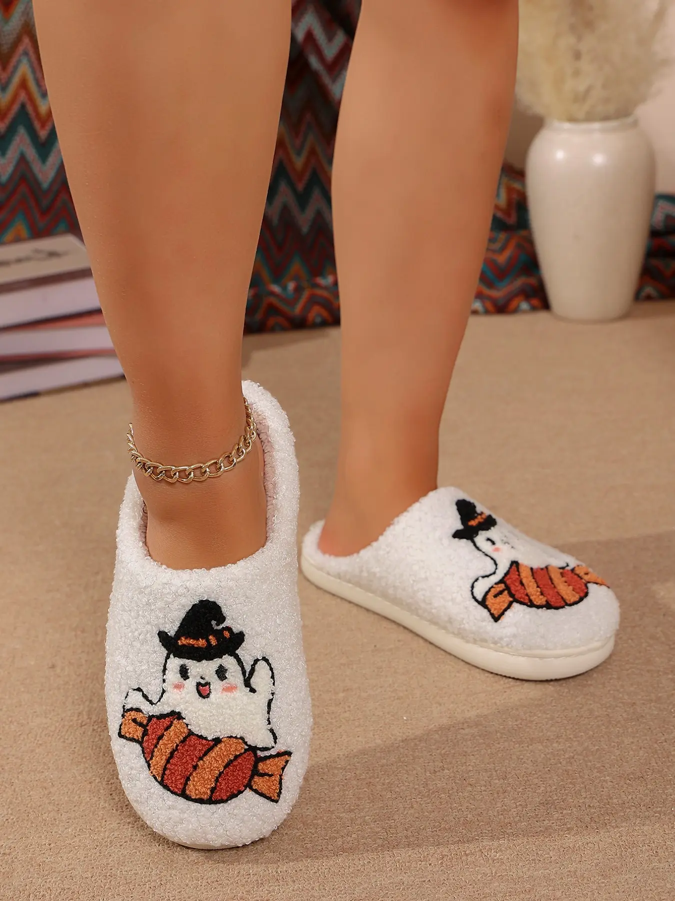 Halloween Cartoon Ghost Candy Hug Plush Fuzzy Fashion Slippers for Women, Fall Winter Indoor Home Warm Cotton Slippers, Casual Medium Width