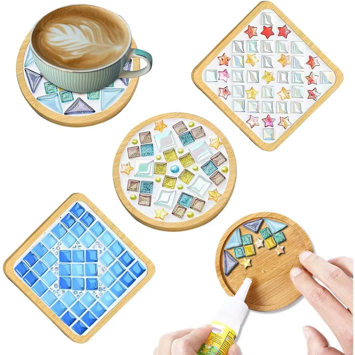 4 Sets DIY Glass Mosaic Tiles for Crafts, Color Mosaic Kits with Wooden Coaster for Adults,Mosaic Crafts Materials Package for Coaster   Decor Gifts