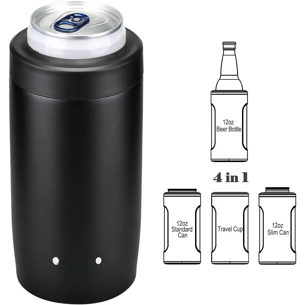 4-in-1 Insulated Can Cooler for 12 oz Cans & Bottles | 304 Stainless Steel Can Holder Fits 12 Oz Slim Cans, Standard Cans,  Bottles & Works as A Open Cup; Dishwasher Safe