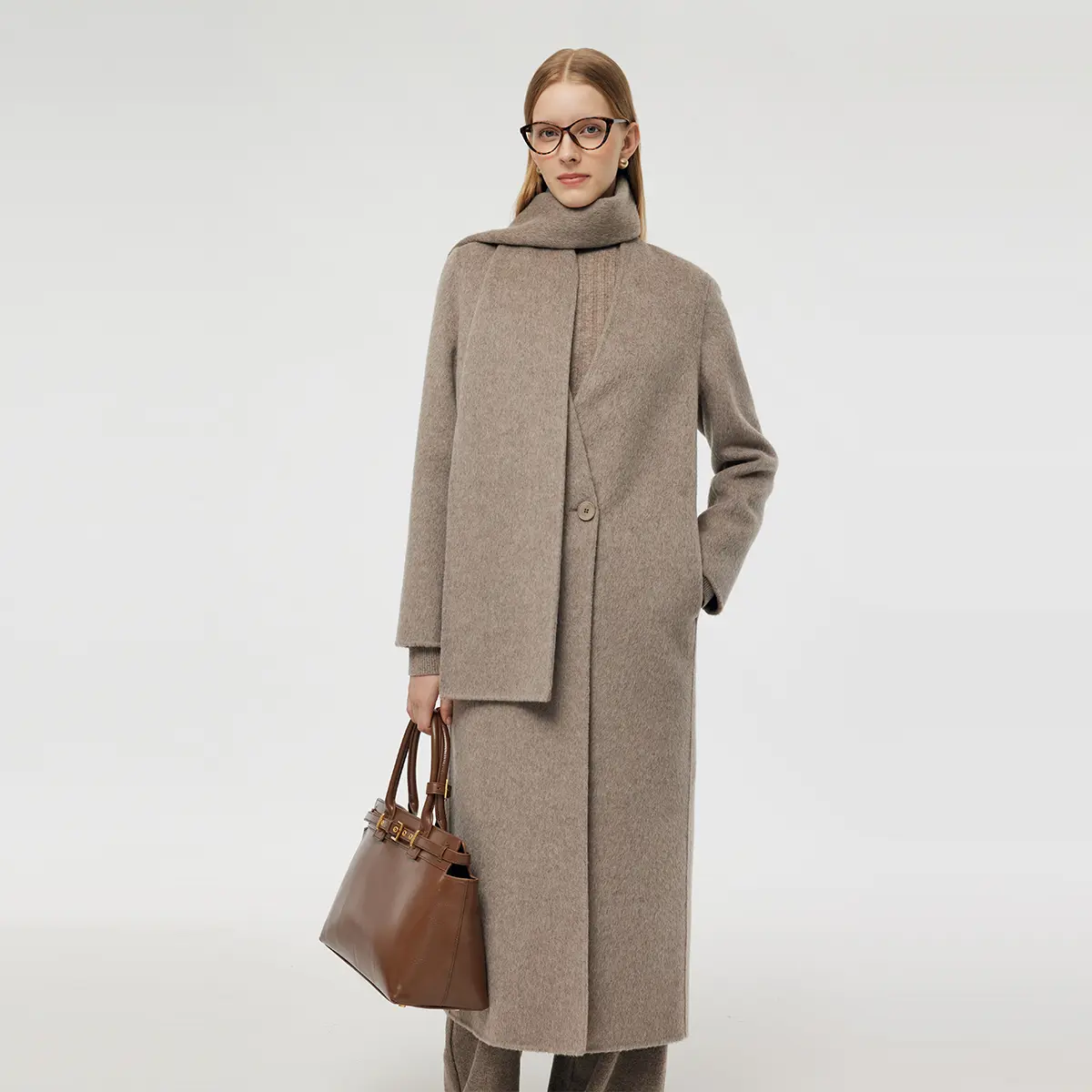 Wool Alpaca Women Overcoat With Scarf