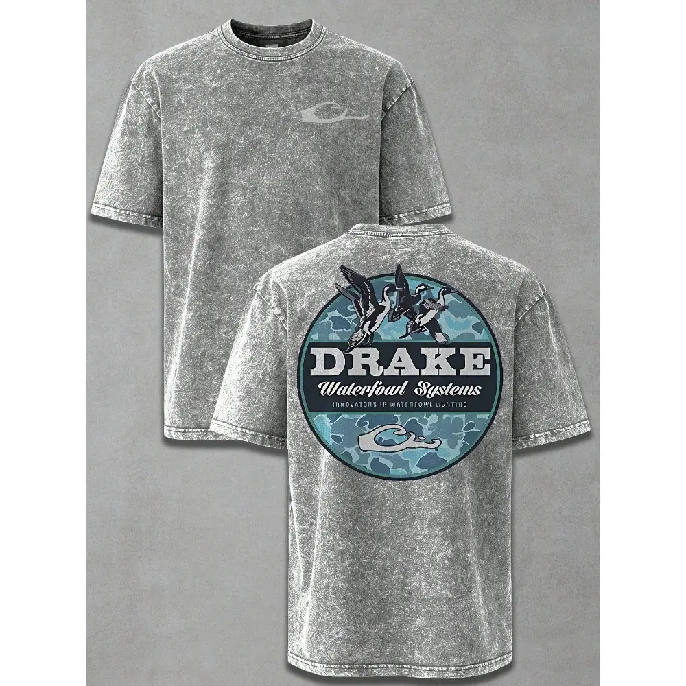 Men's Oversized Drake Waterfowl Camo Duck Vintage Washed Hunting Graphic T-Shirt - Outdoor Casual Menswear Garment, Camo Prints, Coordinating Jeans-Jacket Pairing Option, Gift for Duck Hunters, Garments, Classic, Round Neck, Cotton, Graphic Tees, Basic, S
