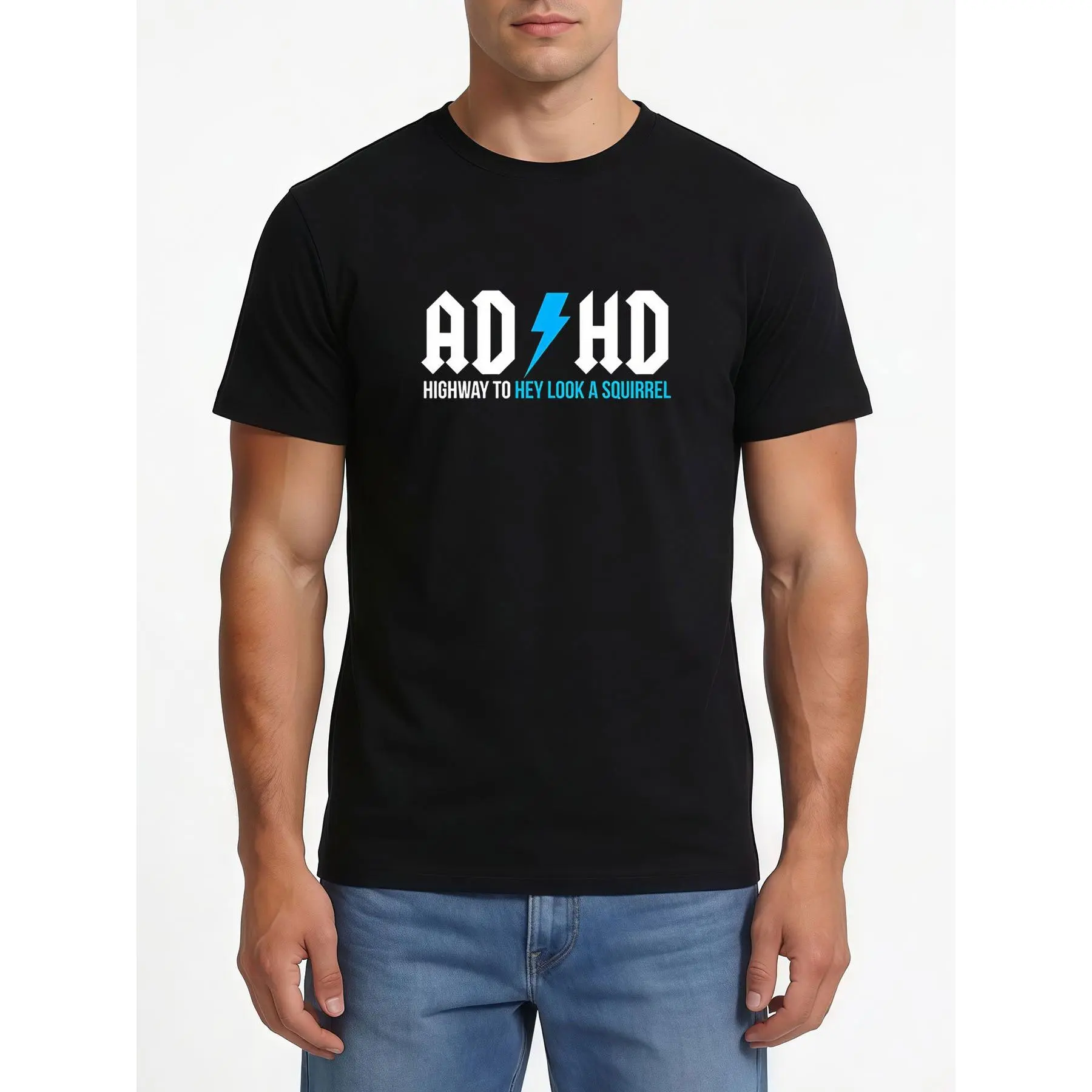 Minimalist ADHD Homophonic Pun Print Short-Sleeved T-Shirt, Men'S Loose And Slimming Fit, Summer Casual And Versatile Trendy T