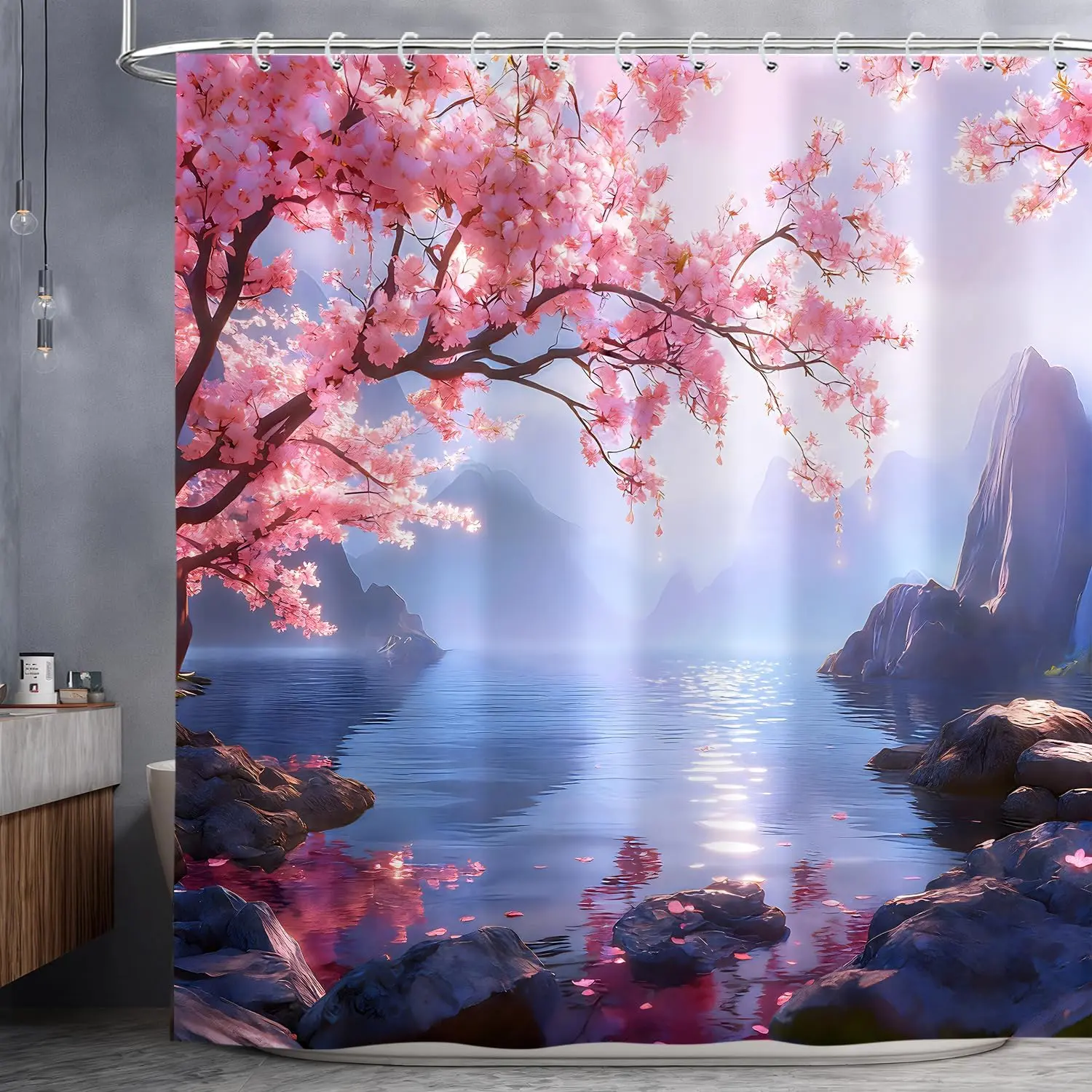 Japanese Cherry Blossom Anime Shower Curtain, Asian Nature Art Aesthetic Shower Curtains Set, Pink Floral Mountain Lake View Polyester Fabric Shower Curtains for Bathroom with Hooks 72X72IN