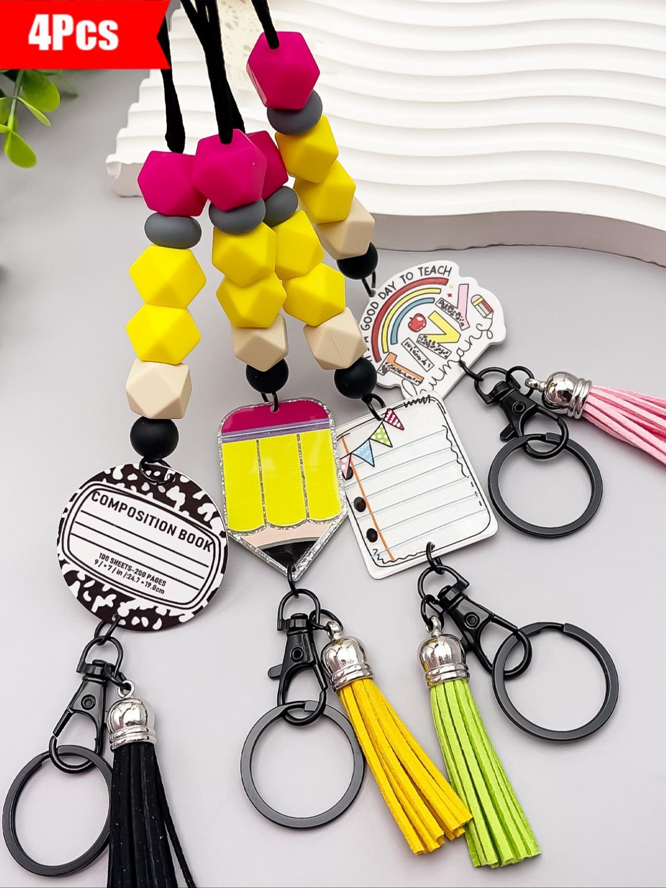 4-Piece Macaron Bead Keychain Set, Fun Teacher Neck Strap for School Days, Perfect Back-To-School Gift for Students and Teachers