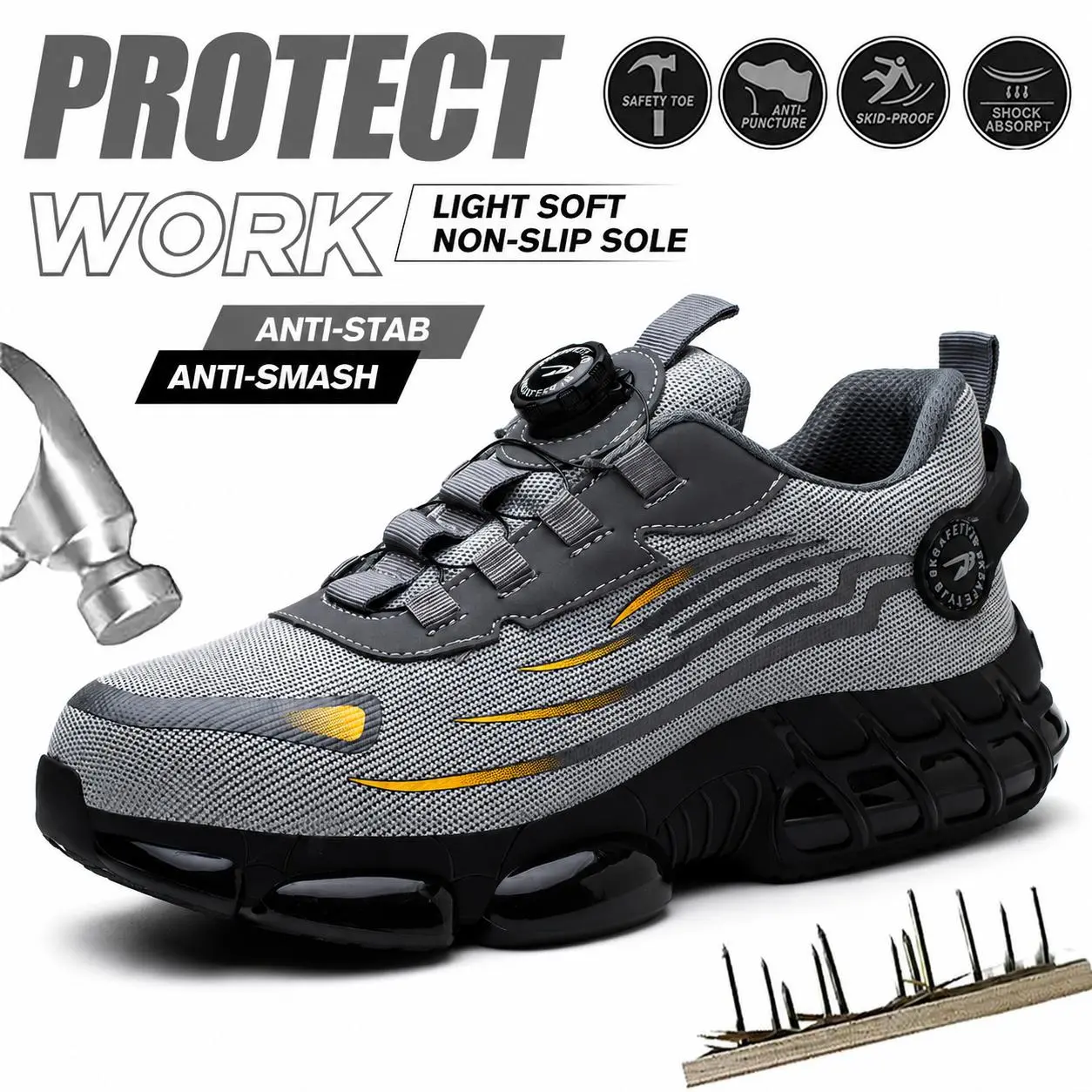 Men's Steel Toe Work Shoes Puncture Resistant Slip On Lightweight Breathable Safety Sneakers for Construction Warehouse Factory Workers