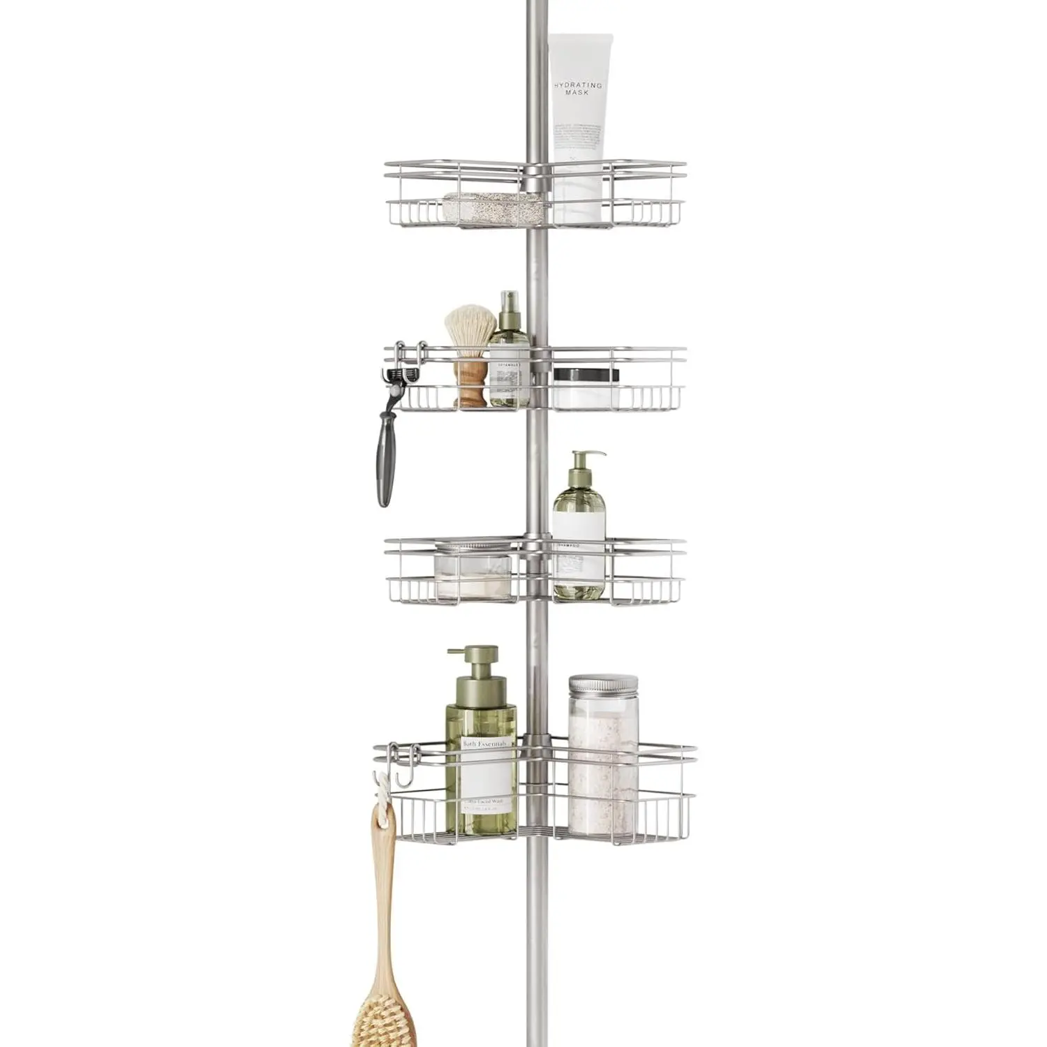 Tension Pole Shower Caddy Corner Organizer, Adjustable Standing Shower Caddy with 4 L-shaped Baskets and Hooks, Rust Resistant Bathroom Tension Rod Organizer, 60 to 97 Inch, Satin Nickel