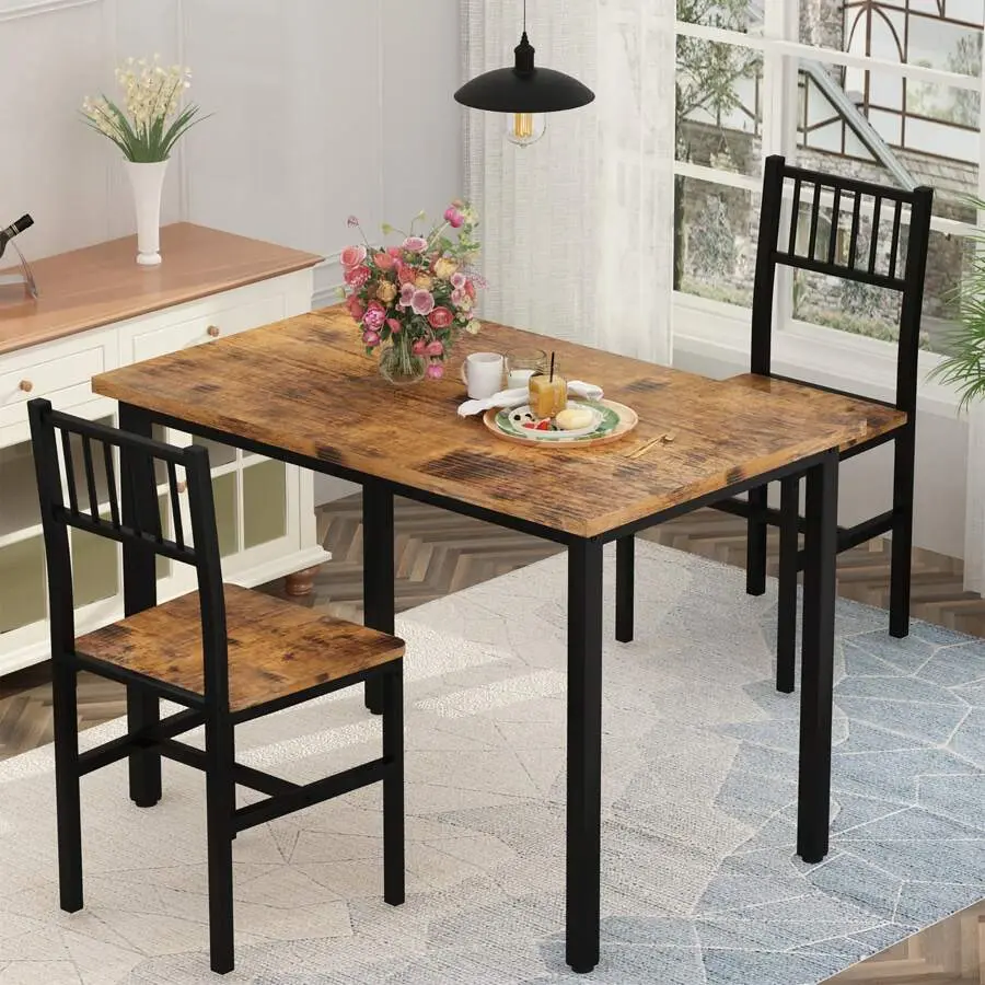 3 Piece Dining Table Set, Small Industrial Table And 2 Chairs, Breakfast Dining Table Set, Breakfast Table Set Dining Room, Living Room, Apartment, Small Space