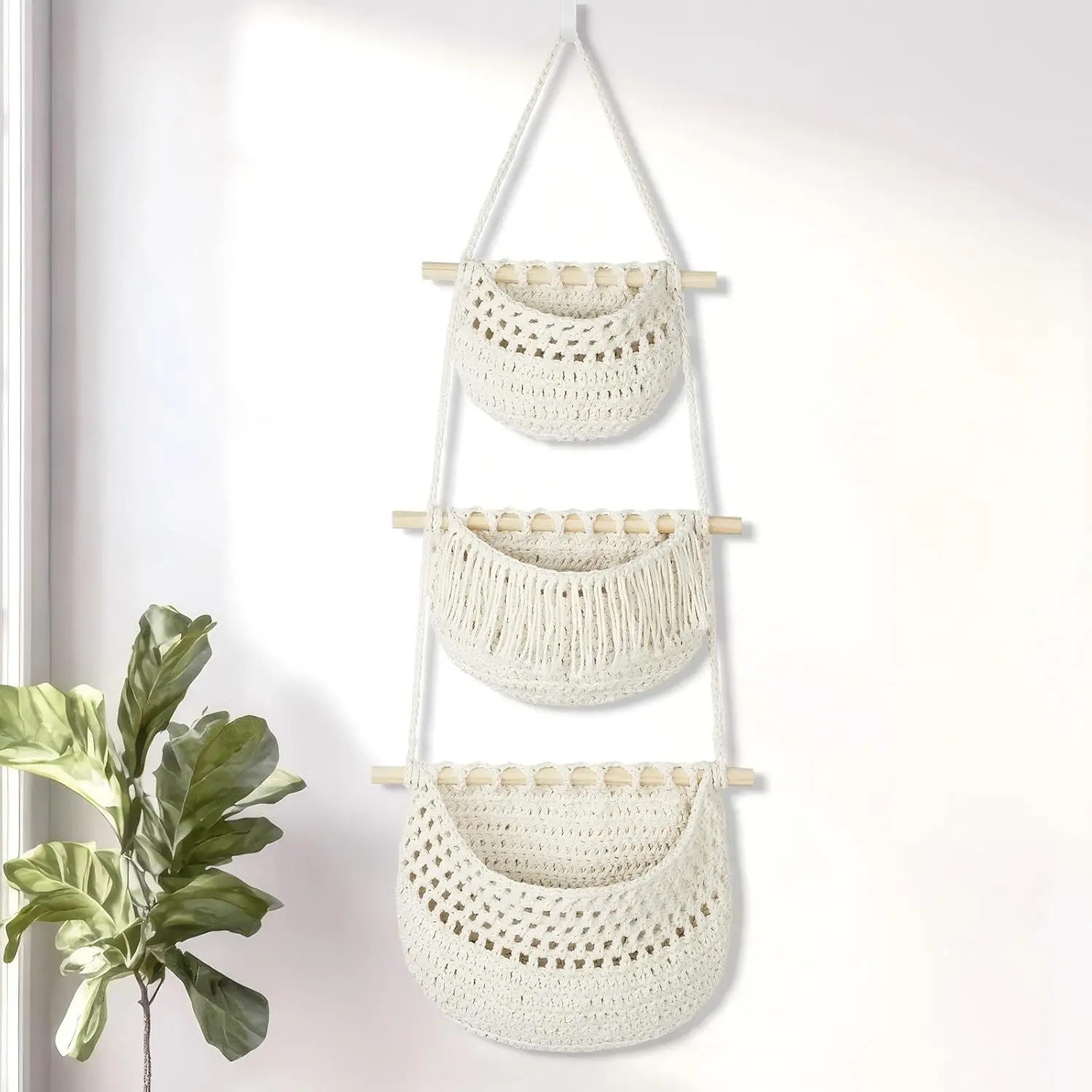 Macrame 3-Tier Hanging Wall Basket - Handwoven Jute & Cotton Rope Storage Organizer, Functional Space-Saving Kitchen Bathroom Living Room Decor, Wooden Dowel Fruit Holder with Pom-Pom Trim (White)