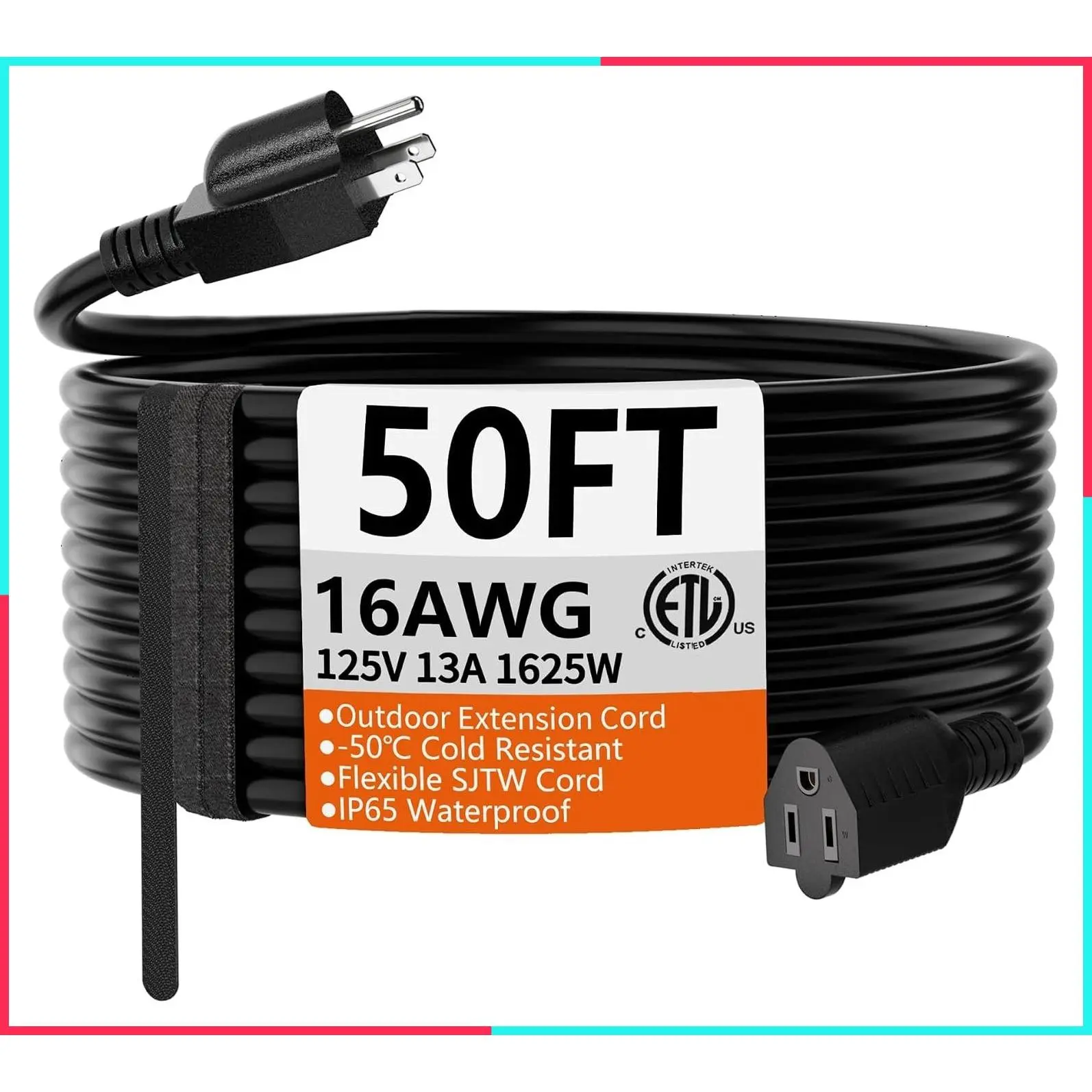 50 FT Black 16 Gauge Outdoor Extension Cord, Weather-Resistant Electric Cable