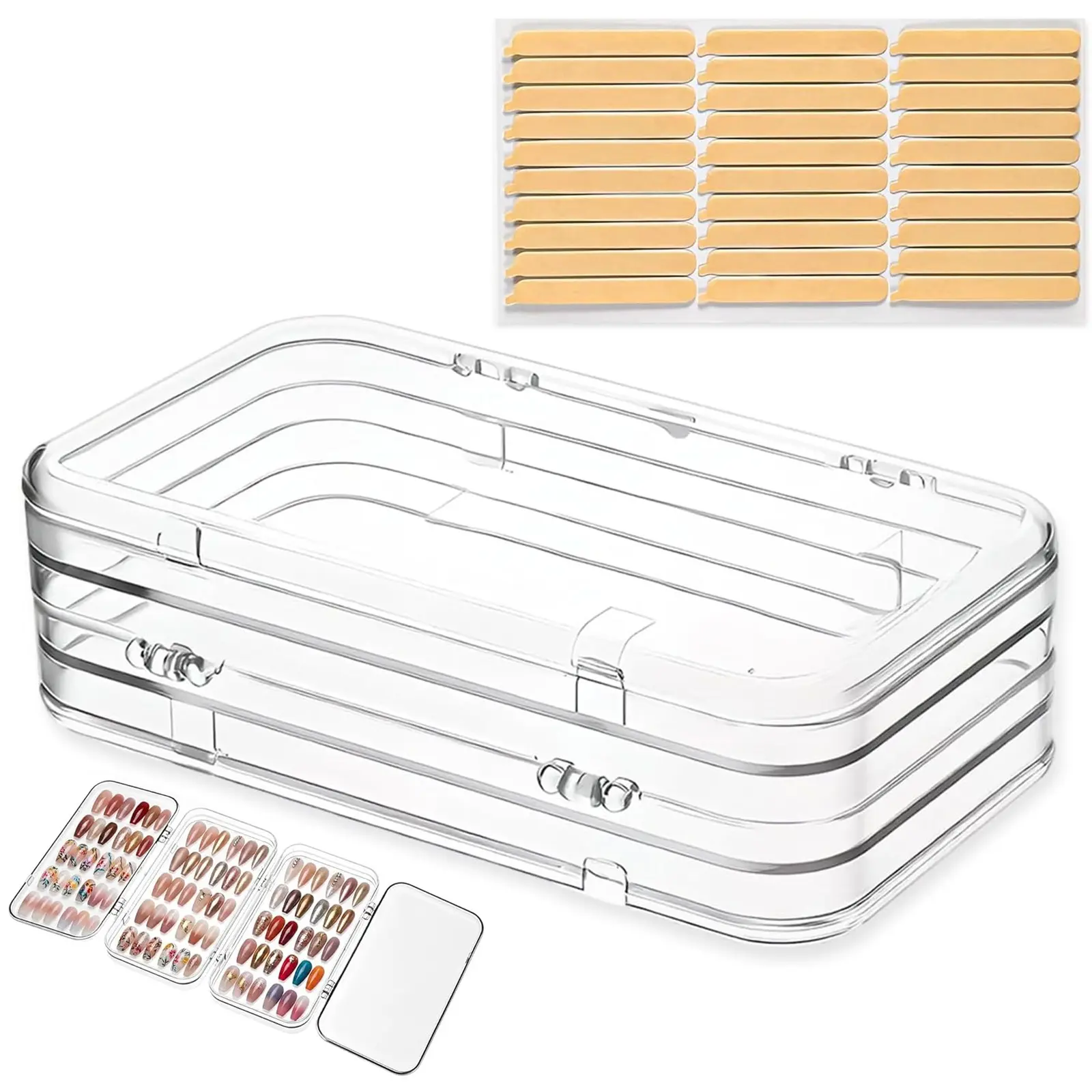 Tri-Fold Press on Nail Case Organizer Container Foldable Organizer Boxes with Adhesive Double-Sided Tape, Clear Acrylic Nail Packaging Box for Press ons Storage Display Travel Salon Art, Clear Plastic Containers
