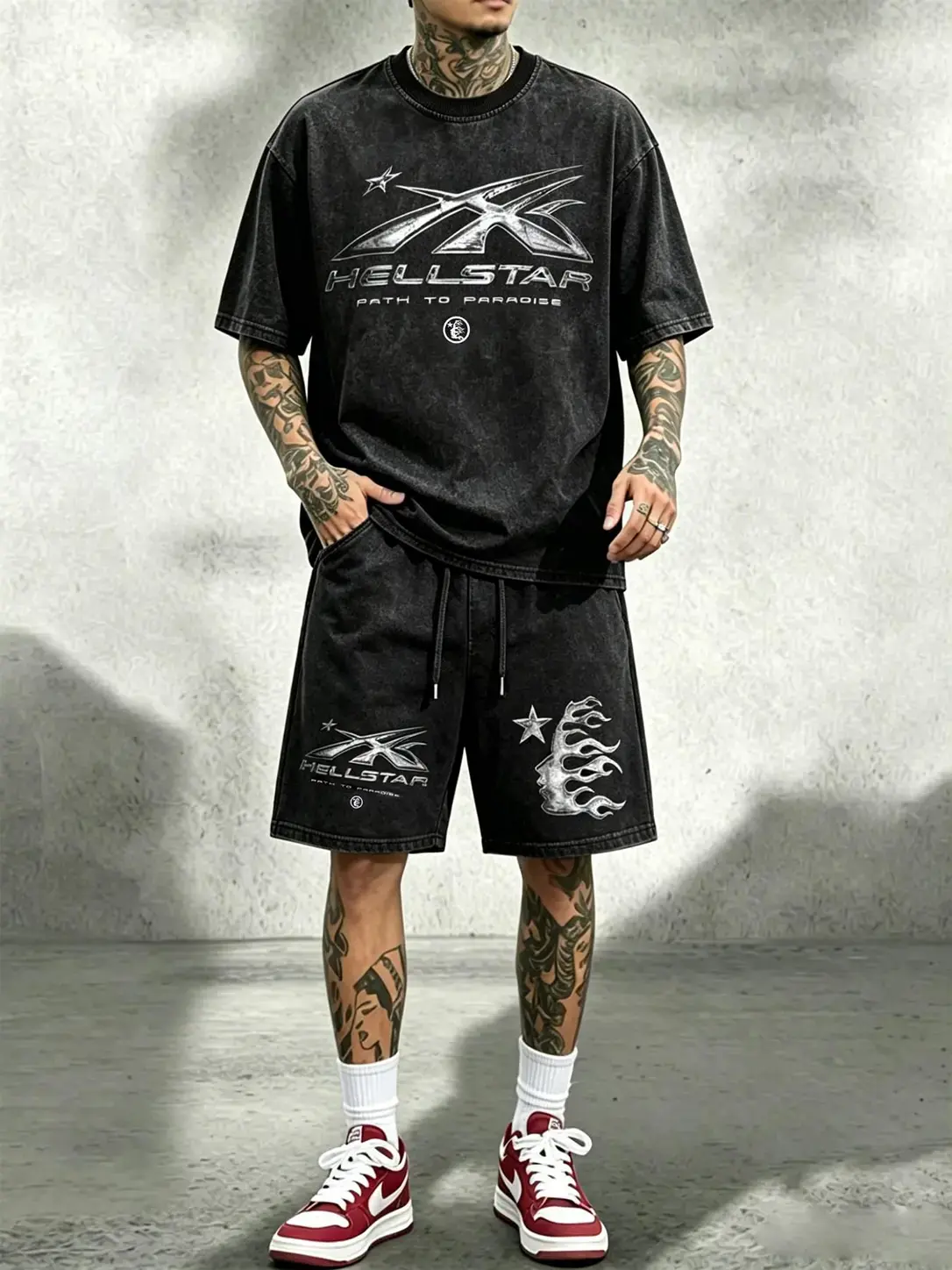 Men's Summer Fashion Set, Vintage Dark Street Style, Graphic Tie-Dye Letters Stars Fire, Short Sleeve T-Shirt and Shorts, Two-Piece