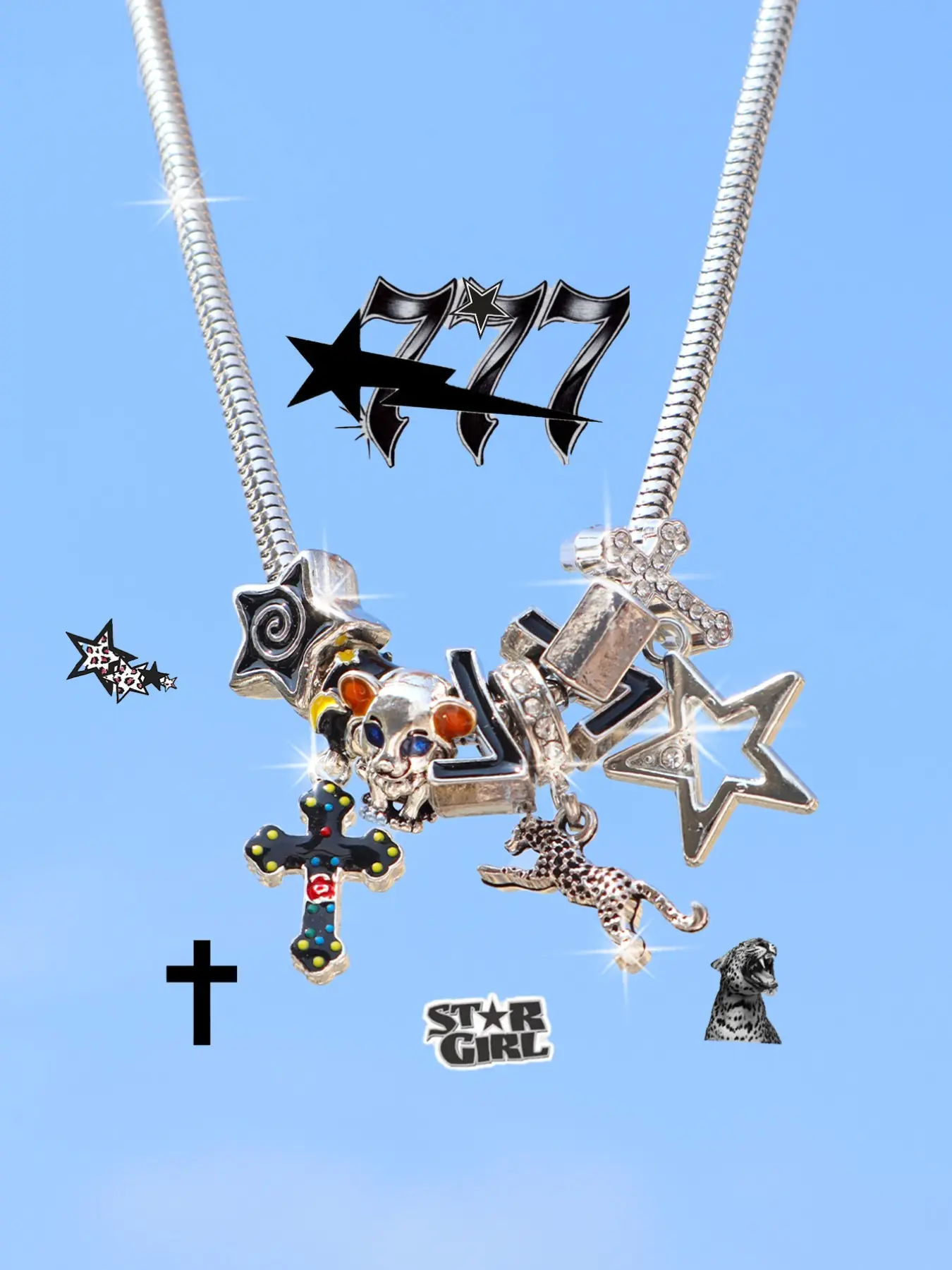 Dark Cross Necklace or Bracelet, Gothic Lucky Number 777 Bracelet, Dark Leopard Print Star Necklace, Unique Jewelry Gift, Chains
