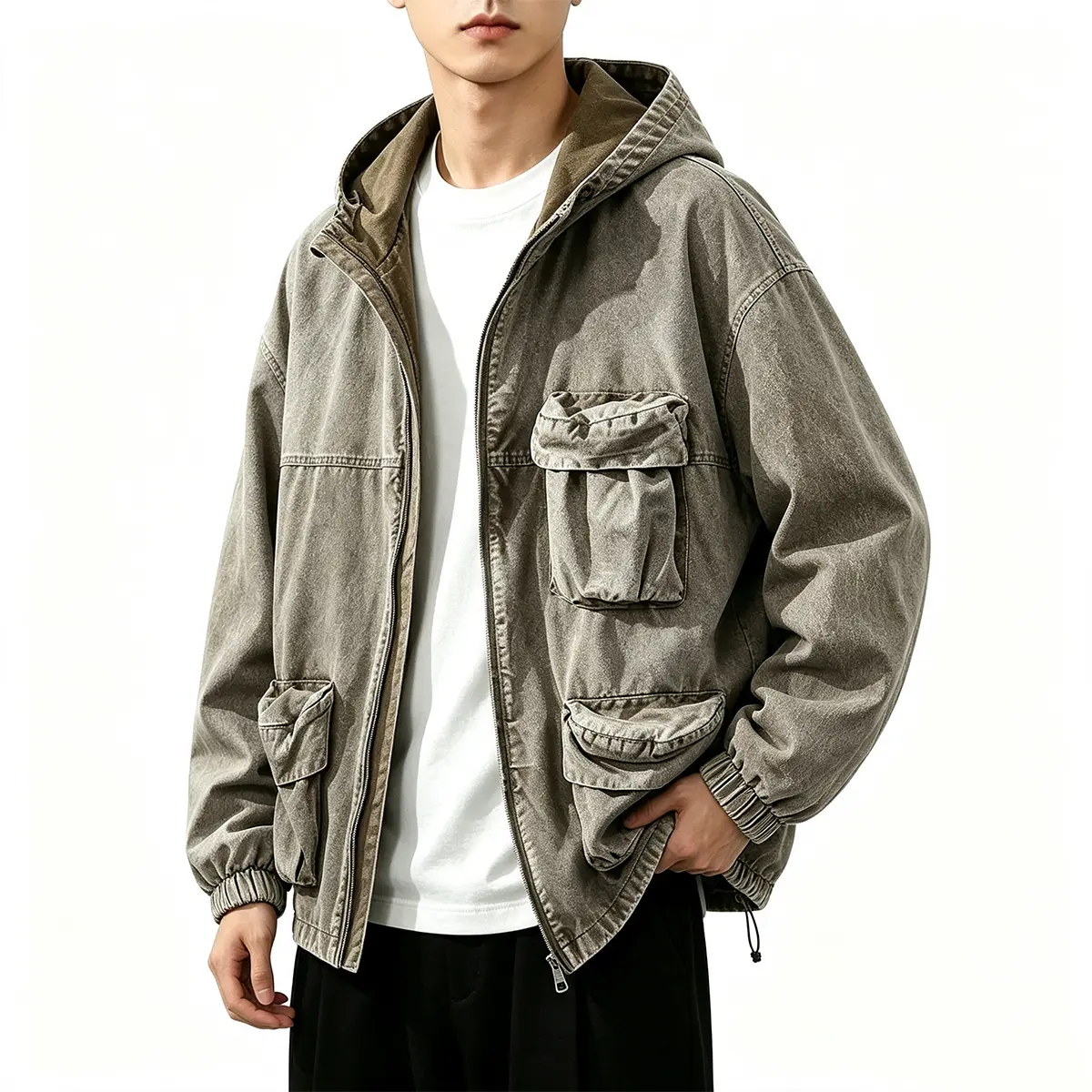 Men's Zip‑Up Hooded Cargo Jacket With Multi Flap Utility Pockets, Elastic Cuffs And Adjustable Drawstring Hem, Oversized Loose Fit Vintage Outerwear, Functional Street‑Style Outer Piece For Daily Commuting, City Stroll, Weekend Hangout And Light Outdoor O