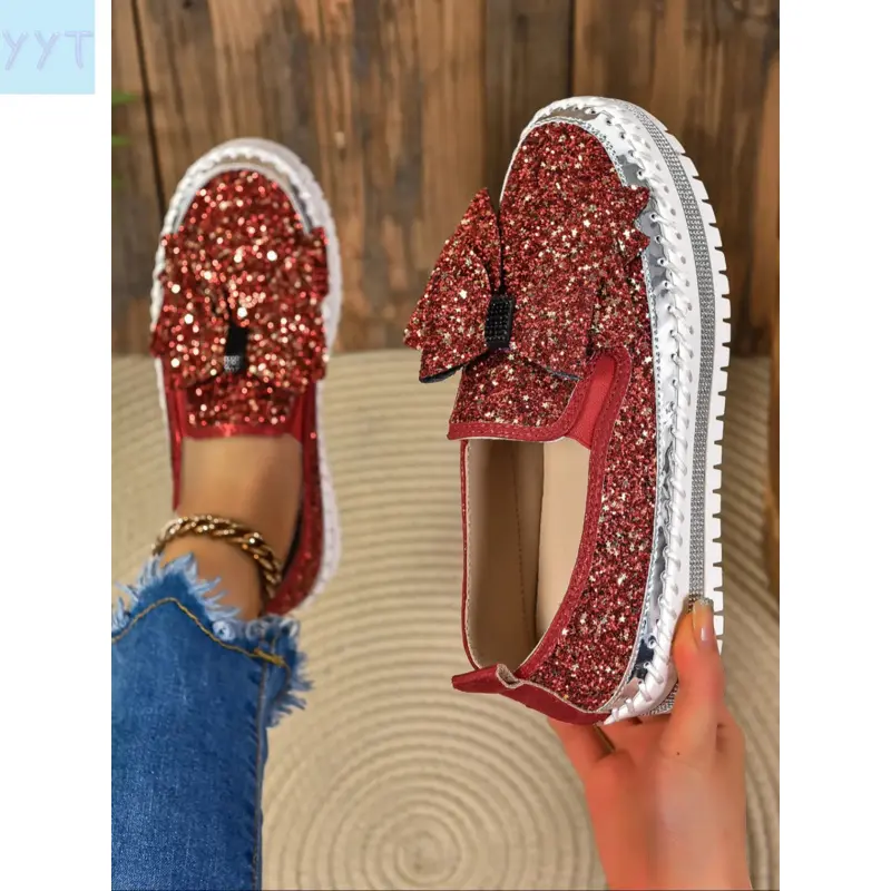 YYT1 Colorful Sequins Elastic Band Platform Bag, Anti-Women's Fashion Shoes, Comfortable Bow Design, Trendy All-Occasion Footwear, Casual Fashion Shoes