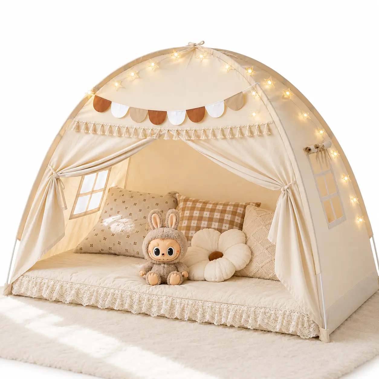 Large Kids Play Tent with Tassel, Star Light Bed Tent Canopy with Lights & Flags, Indoor Floor Bed for Girls and Boys, Portable & Foldable Teepee for Twin Bunk Bed, Cute Cozy Playhouse, Ideal Birthday Gift, Summer Hot Selling