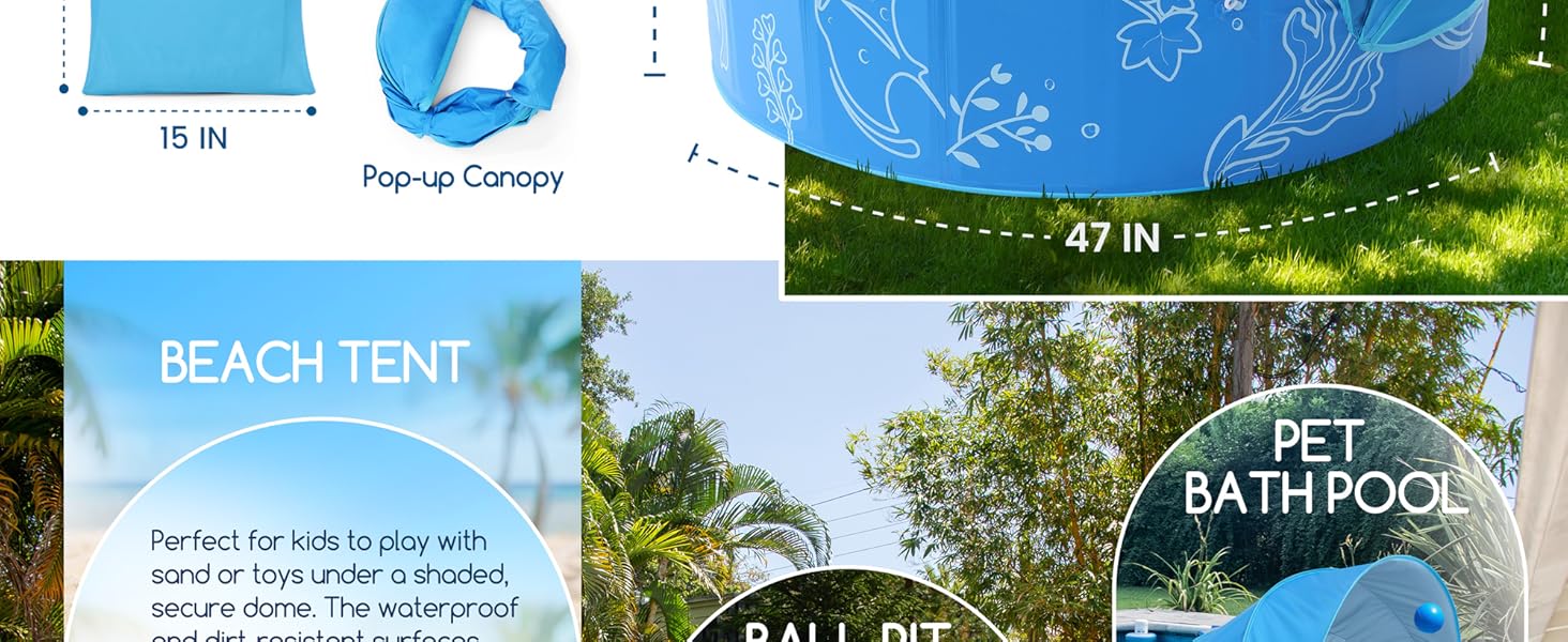 Foldable Kiddie Pool with Canopy: 47in Baby Pool and Beach Tent for Toddlers Infants 6-12 Months and Kids 2-4 Years Old - Portable Water Play with Shade for Outdoor Backyard Beach (Blue-Blue)