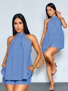 Elegant Casual Beach Vacation Lightweight Two-Piece Set for Women, Mint Halter Neck Top with Asymmetrical Hem and Matching Shorts, Spring Summer Fashion