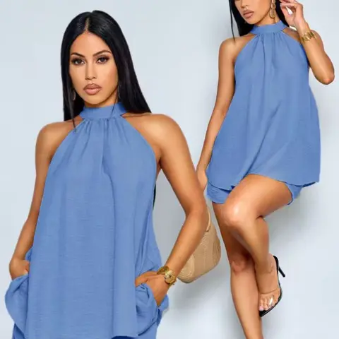 Elegant Casual Chic Summer Beach Vacation Two-Piece Set for Women, Mint Halter Top with Asymmetrical Hem and Matching Shorts, Perfect for Dates and Parties, Matching Set Outfit