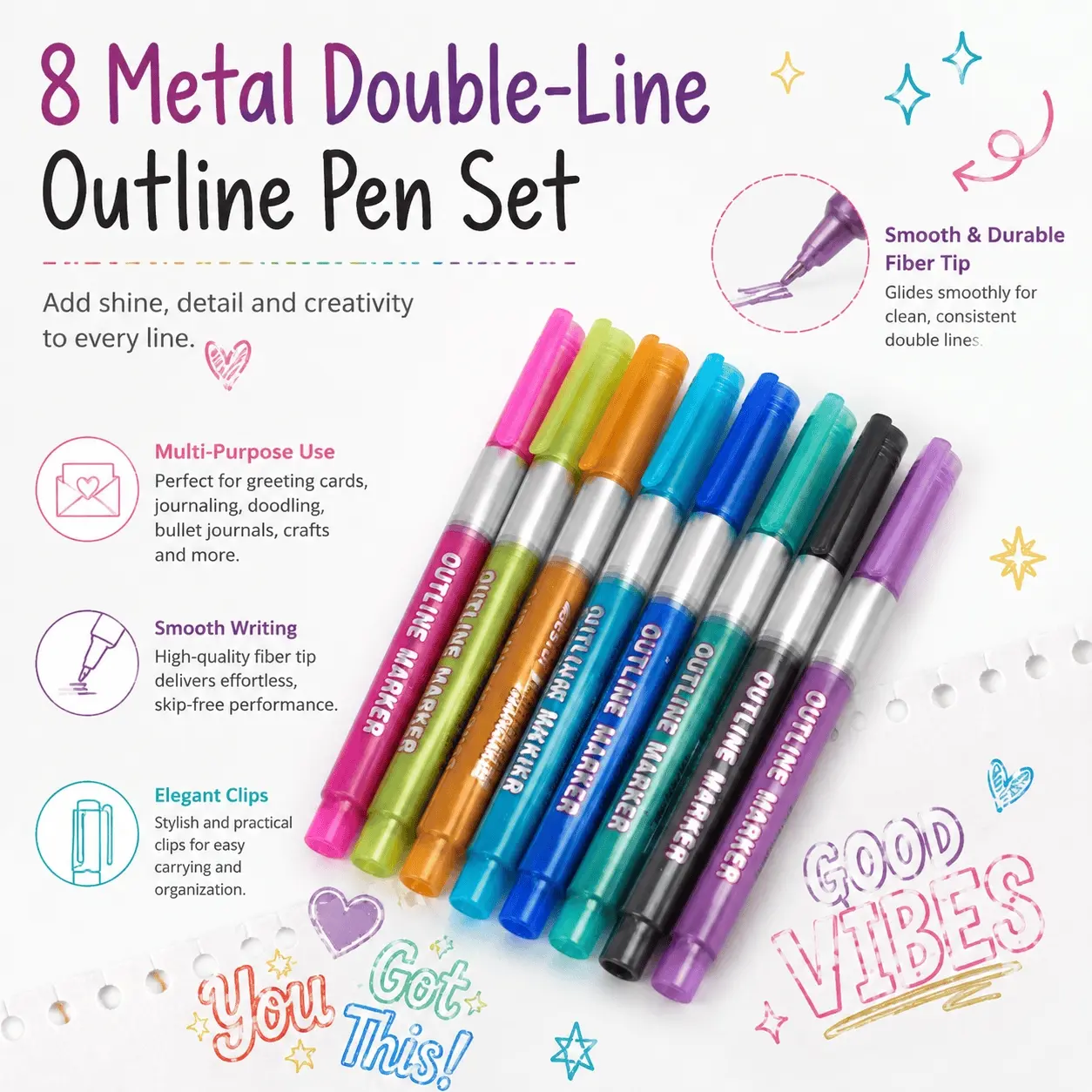 Metallic Dual-Tip Art Markers Set: 8 Colors Dual-Ended Gradient Outline Pens for Scrapbooking, Card Making, DIY Crafting, Bullet Journal, Anti-Fade Metallic Marker Set for Adults & Students, Smooth No-Skip Drawing Tools, Creative Gift Idea.