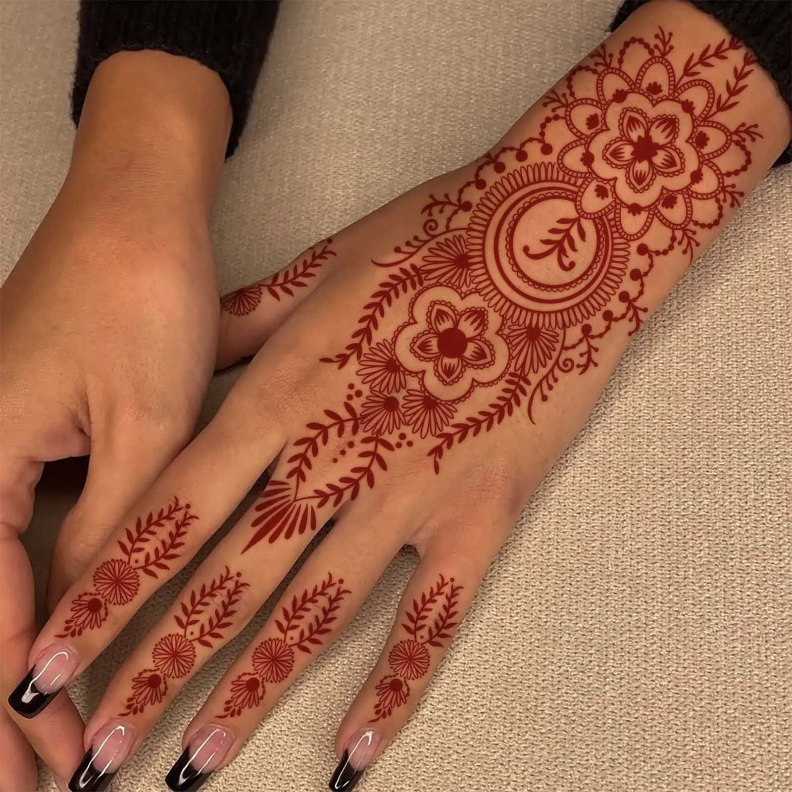 4PC Henna Temporary Tattoo Sticker, New Cross-Border Red Floral Totem Hand Decal, Natural Plant Ink Print, Waterproof Soft Skin Sticker for Back of Hand Palm Festival Wear