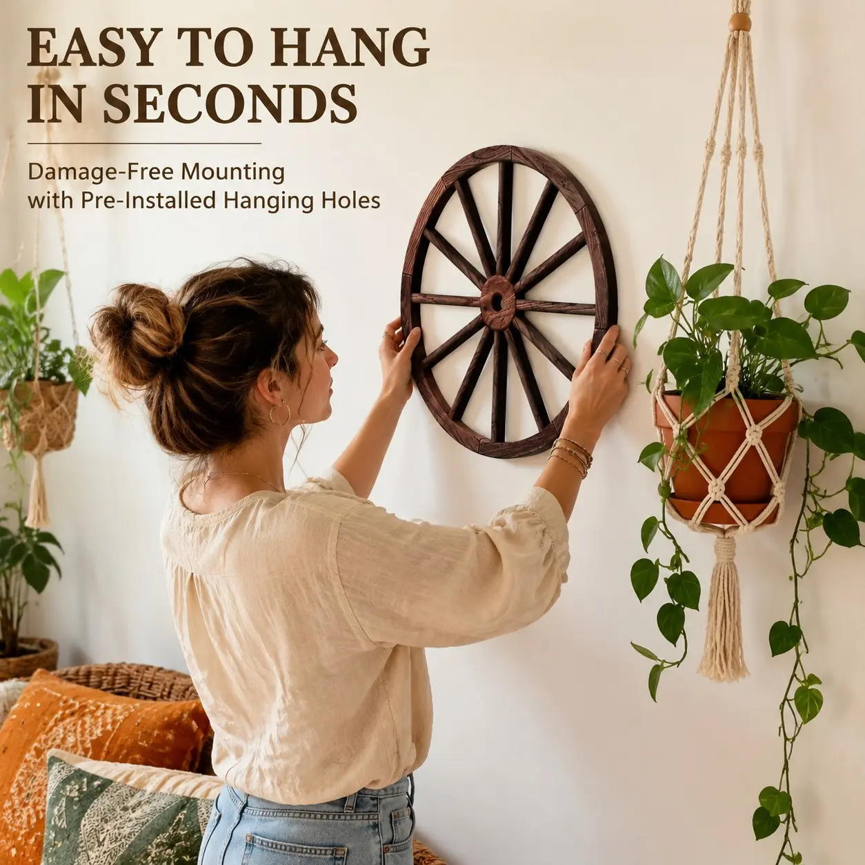 25cm Vintage Wooden Wagon Wheel Wall Decor, Rustic Farmhouse Style, Self-Adhesive Hook, Bohemian Round Wheel, Easy Hanging, Home Decoration, Farmhouse Wall Art