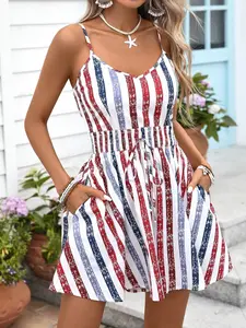 Blue Striped Dress with Pockets, Cute Chic Thin Strap Romper, Essential Summer, Slim-Fitting, All Seasons