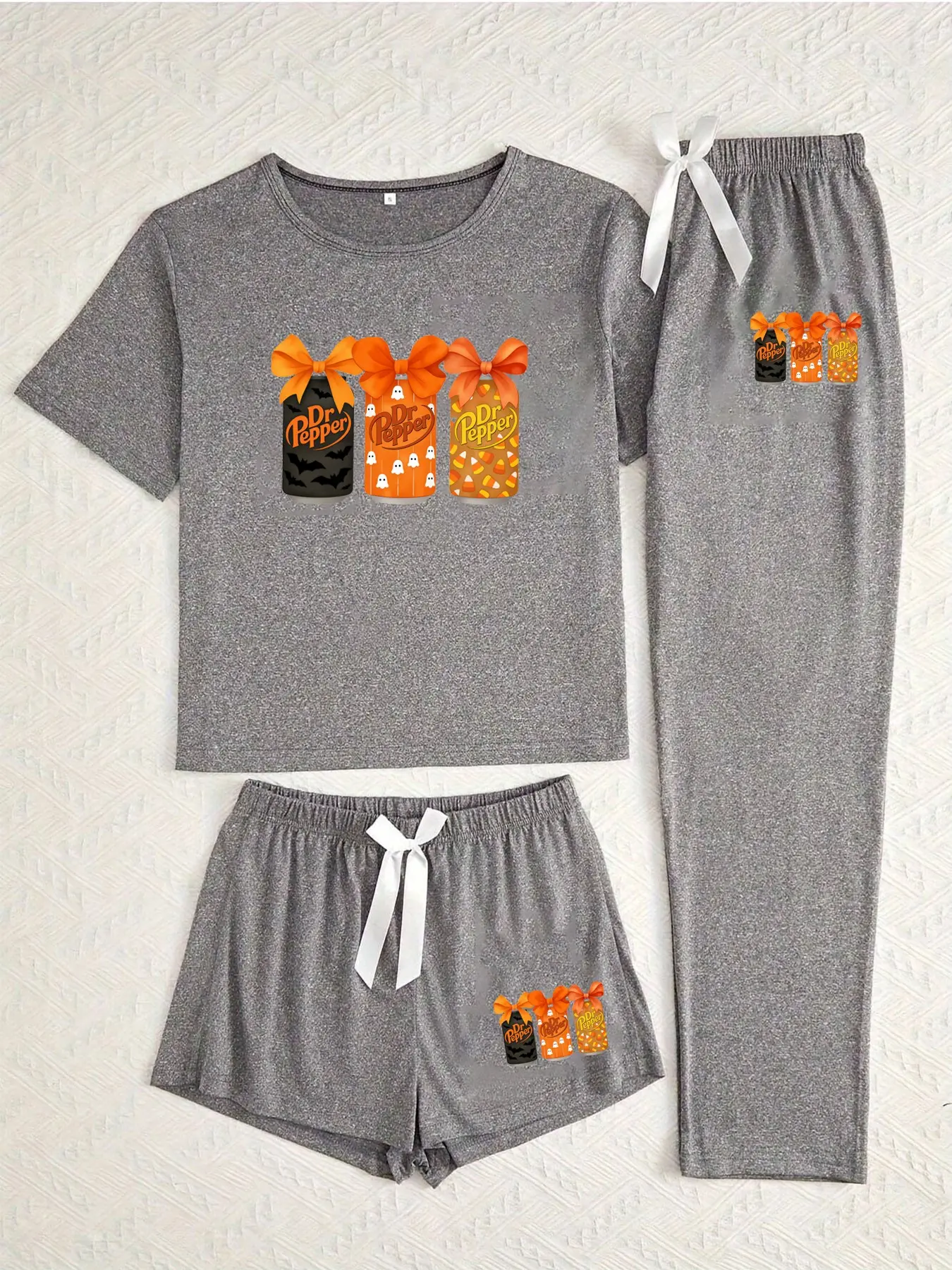 Three-Piece Women's Home Set with Bow, Casual Loose-Fitting Cartoon Pattern, All-Season Unlined Plain Surface