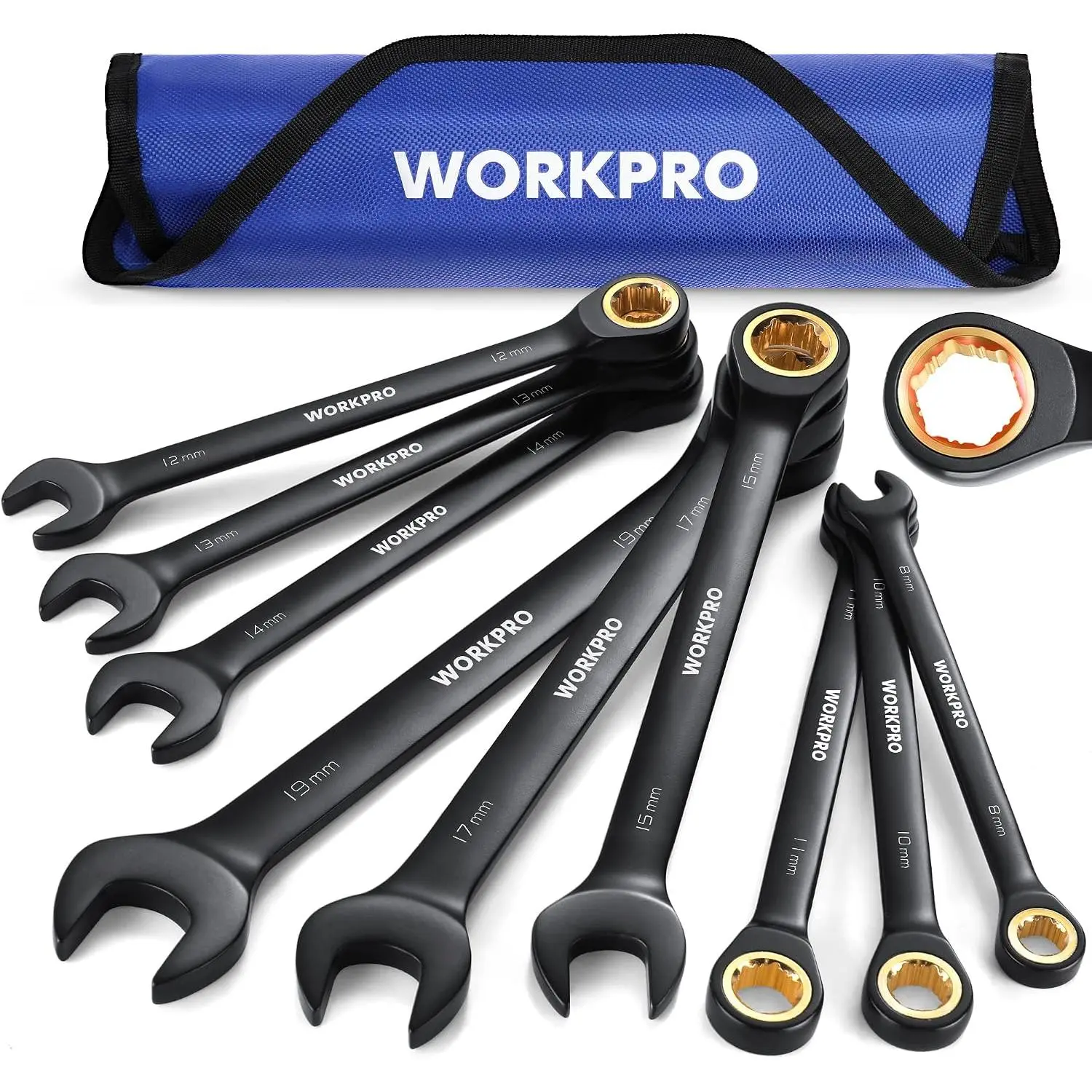 Anti-Slip Ratcheting Combination Wrench Set, Metric| 8-19 mm, 72-Teeth, Black Cr-V Wrenches Set with Roll Up, Anti-slip Wrenches for Automotive, and Home Repairs