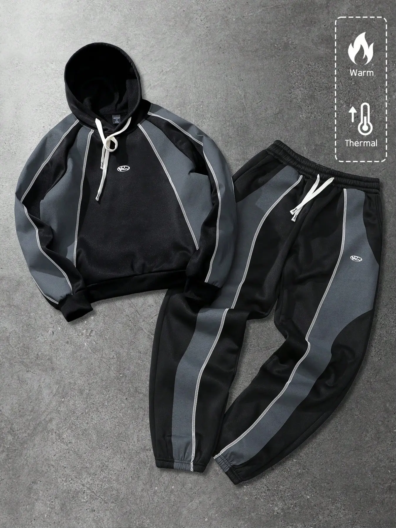 Men's Colorblock Fleece Two-Piece Set, Hooded Sweatshirt and Pants, Windproof Warm Sports for Fitness, Skateboarding, Outdoor Activities