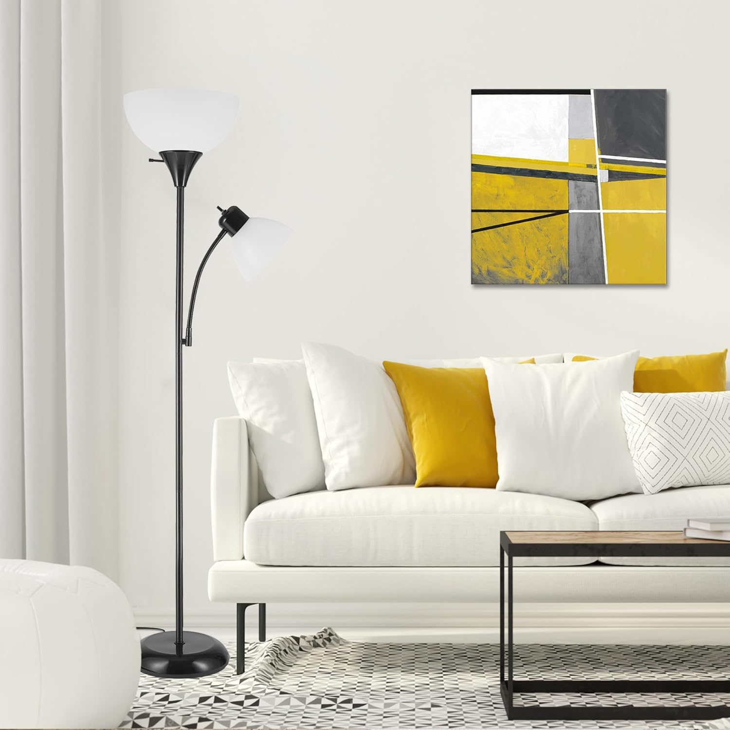 72" Torchiere Floor Lamp with Adjustable Reading Light, Matte Black Finish, Frosted Shade, Dual Rotary Switch, 3-Step Dimmable Modern Standing Lamp for Living Room or Office