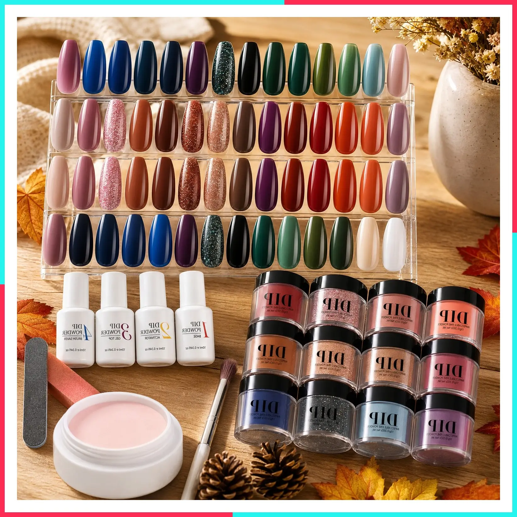 32 Colors Fall Dip Powder Nail Kit Starter 42Pcs - Green Nude Brown Blue Dipping Powder Set with Top/Base Coat & Recycling Tray for French Art Manicure Salon