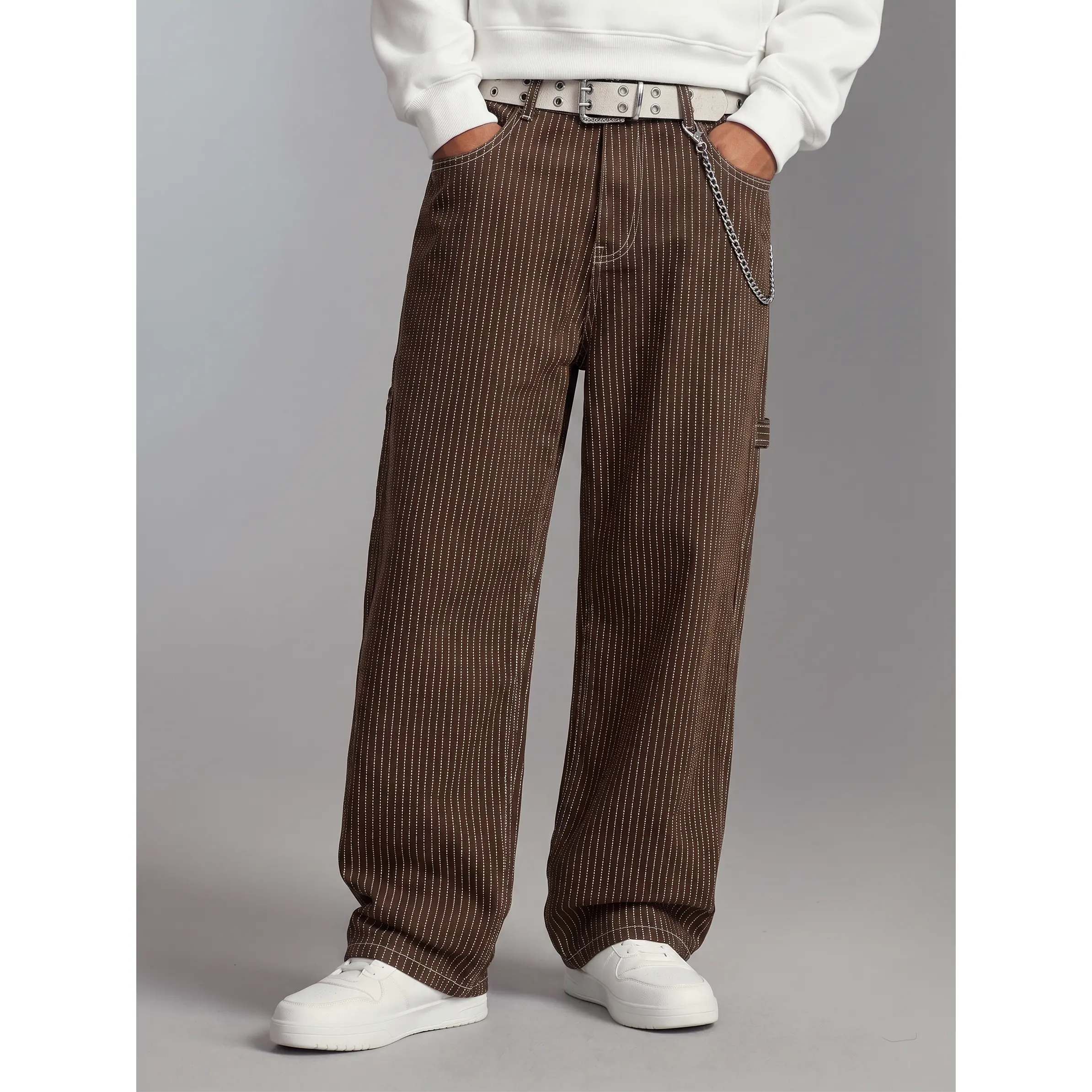 Retro Pinstripe Wide Leg Pants Men Brown Mid Waist Baggy Jeans Urban Streetwear Loose Fit Hip Hop Skater Casual Trousers with Chain Detail Y2K Fashion Everyday Street Outfit suitable for Y2K fashion lovers streetwear styling