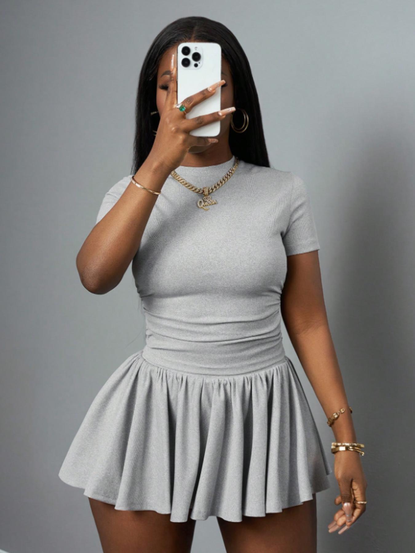 Women's Casual Basic Summer Sports Style Round Neck Short Sleeve T-Shirt + Umbrella Skirt Set Outfit, Two-Piece Knit Fabric, All Seasons Clothes #GLOBAL PICKS