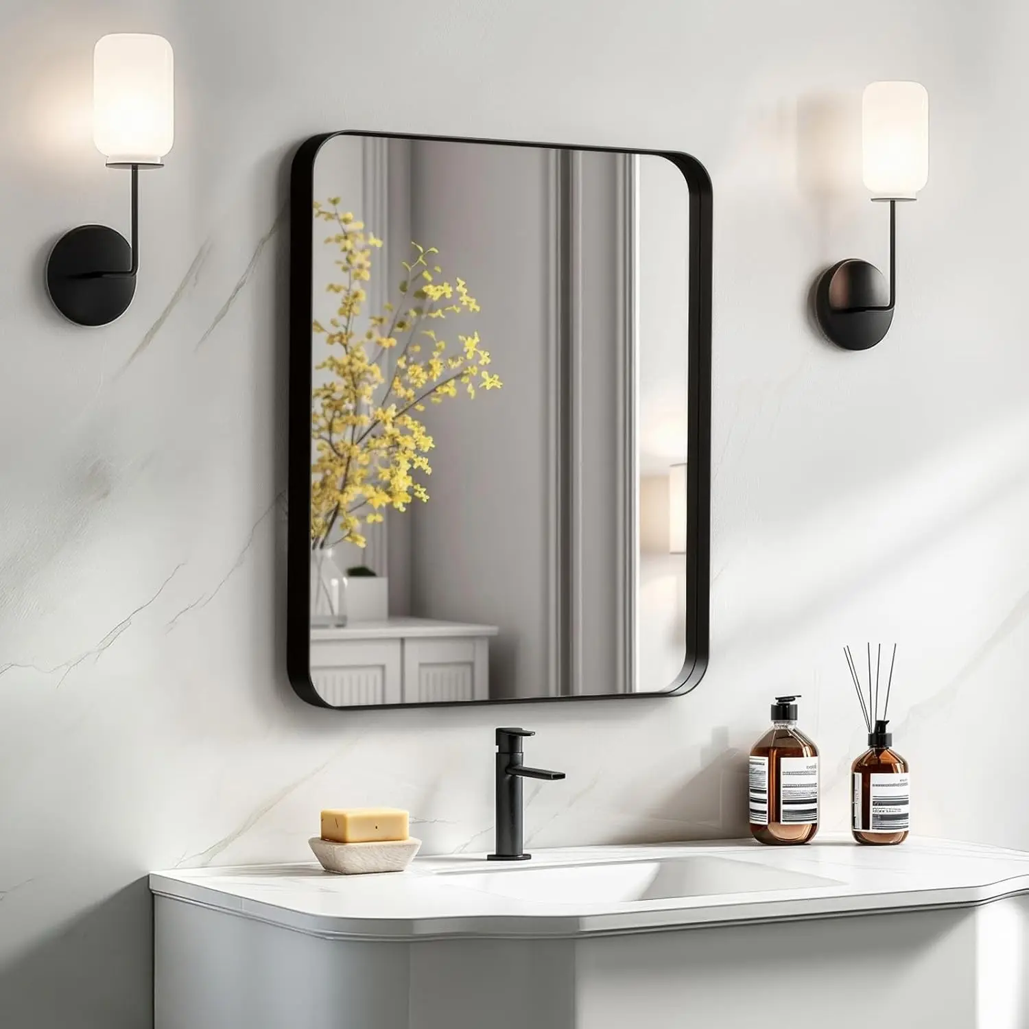 20x16 Bathroom Vanity Mirror for Wall, Aluminum Framed, Farmhouse Rectangle, Anti-Rust, HD Reflection Anti-Desilvering, Distortion Free, Tempered and Shatter-Proof Wall Mounted Mirror, Black