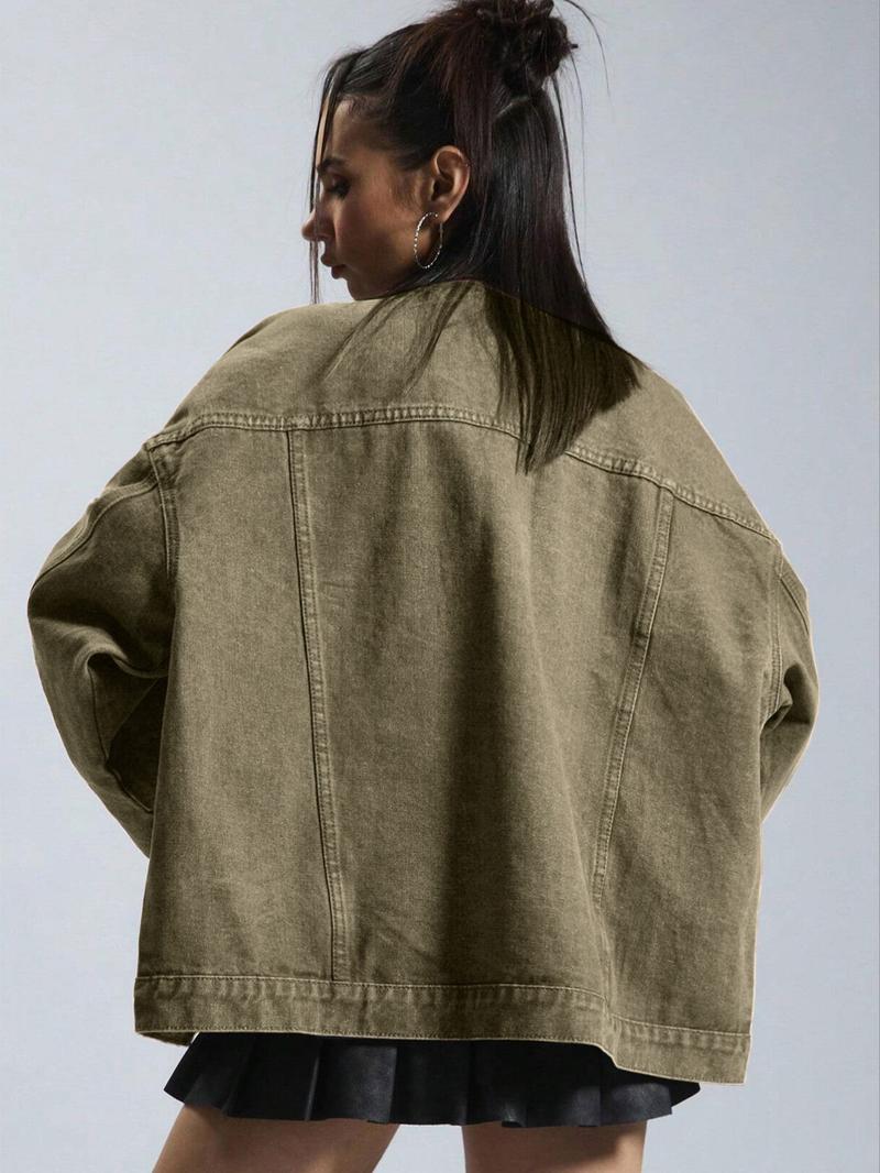 Women's Plain Button Front Drop Shoulder Denim Coat, Casual Long Sleeve Collared Pocket Outerwear for Daily Wear, Ladies Clothes for All Seasons, Clothing for Women Women's Plain Button Front Drop Shoulder Denim Coat, Casual Long Sleeve Collared Pocket Outerwear for Daily Wear, Ladies Clothes for All Seasons, Clothing for Women
