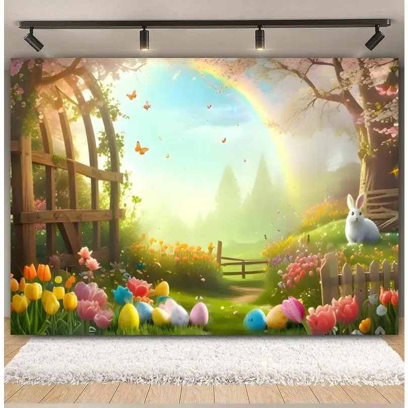 Outdoor Event Decor Happy Easter Backdrops For Photography Garden Fence Colorful Eggs Green Grass Rabbit Baby Shower Kids Portrait Photo Background