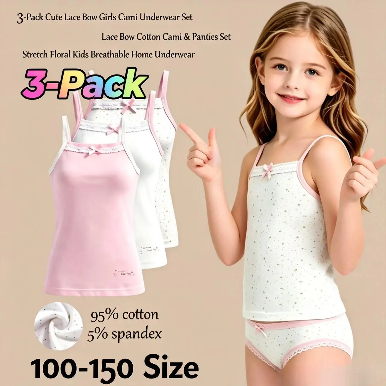 Girls' floral three-piece cotton lingerie set with camisole and elastic panties, delicate lace bow, soft and breathable, versatile everyday home wear, girls' intimate apparel