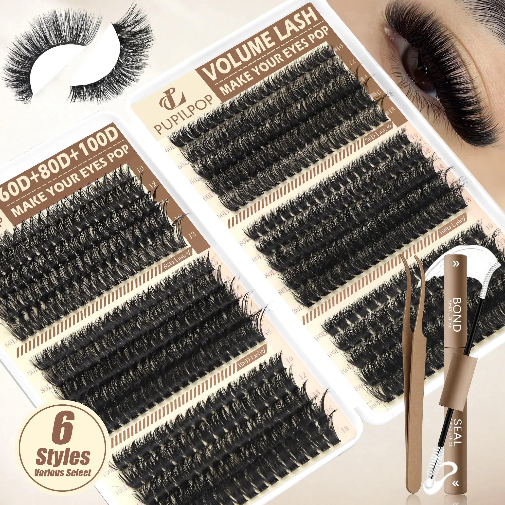 Pupilpop Volume Lash Clusters 60D+80D+100D,  3D Effect, 6 Styles D Curly 10-18mm Lash Extension Kit with 2in1 Bond & Seal and Tweezers, 0.05mm Ultra-Thin Band Waterproof, Feather-Light Comfort, Beginner-Friendly Wispy Lashes.