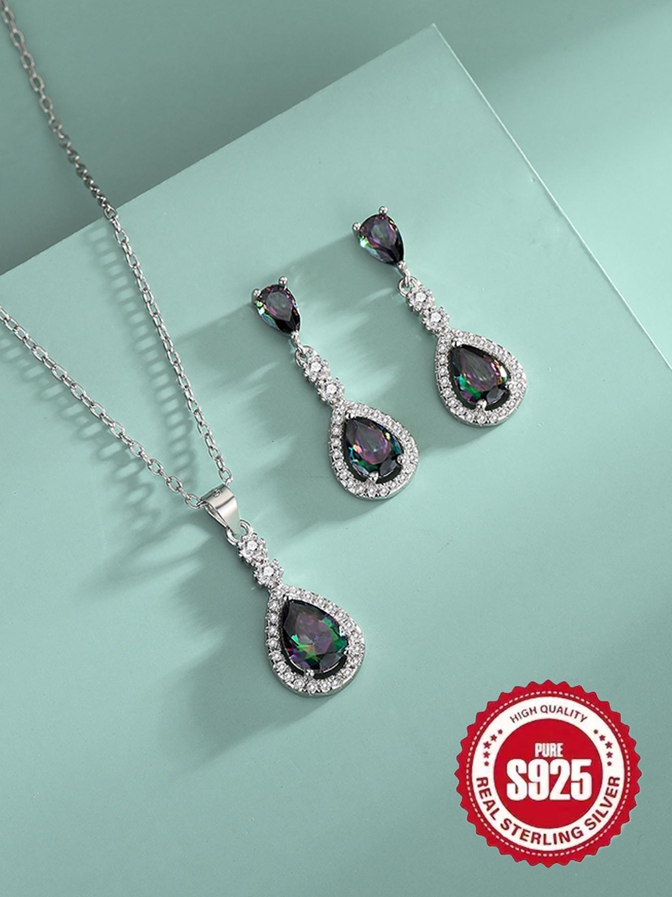 S925 Sterling Silver Elegant Artificial Gemstone Decor Pendant Necklace & Dangle Earrings, Fashion Jewelry Set for Party, Daily Decor, Trendy All-match & Exquisite Jewelry for Birthday Gift