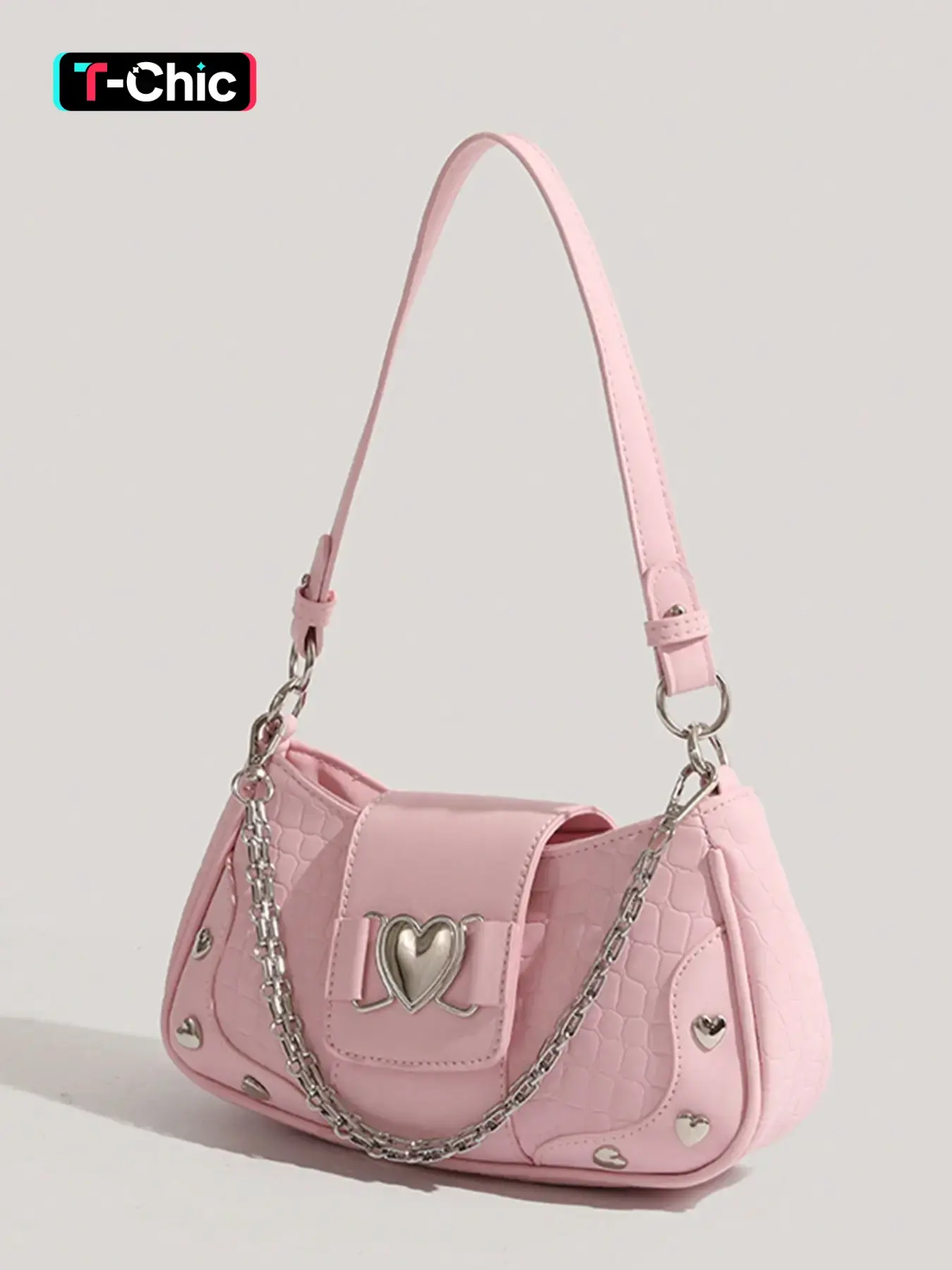 Women's Fashion Chain Decor Shoulder Bag, Heart Decorated Crocodile Textured Pu Leather Bag for Daily Used, Trendy All-match Underarm Bag, Cute Y2k Punk Style Hobo Dumpling Bag, Casual Crossbody Bag