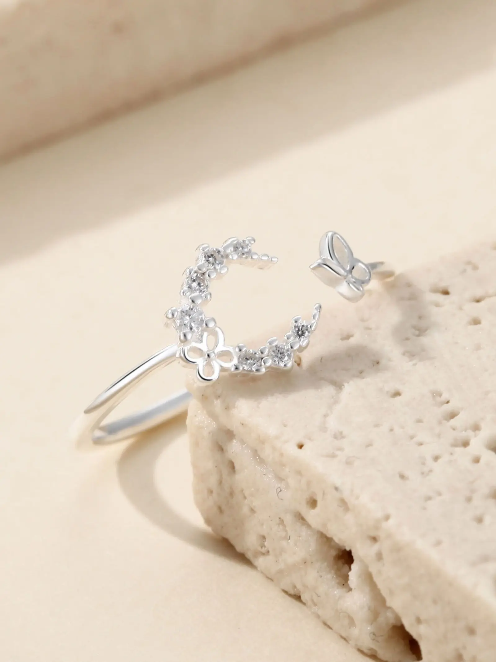 Pure Silver Women's Ring, Moon Butterfly Hollow Out Open Ring, Korean Style Sweet Rhinestone Ring, Elegant Index Finger Ring