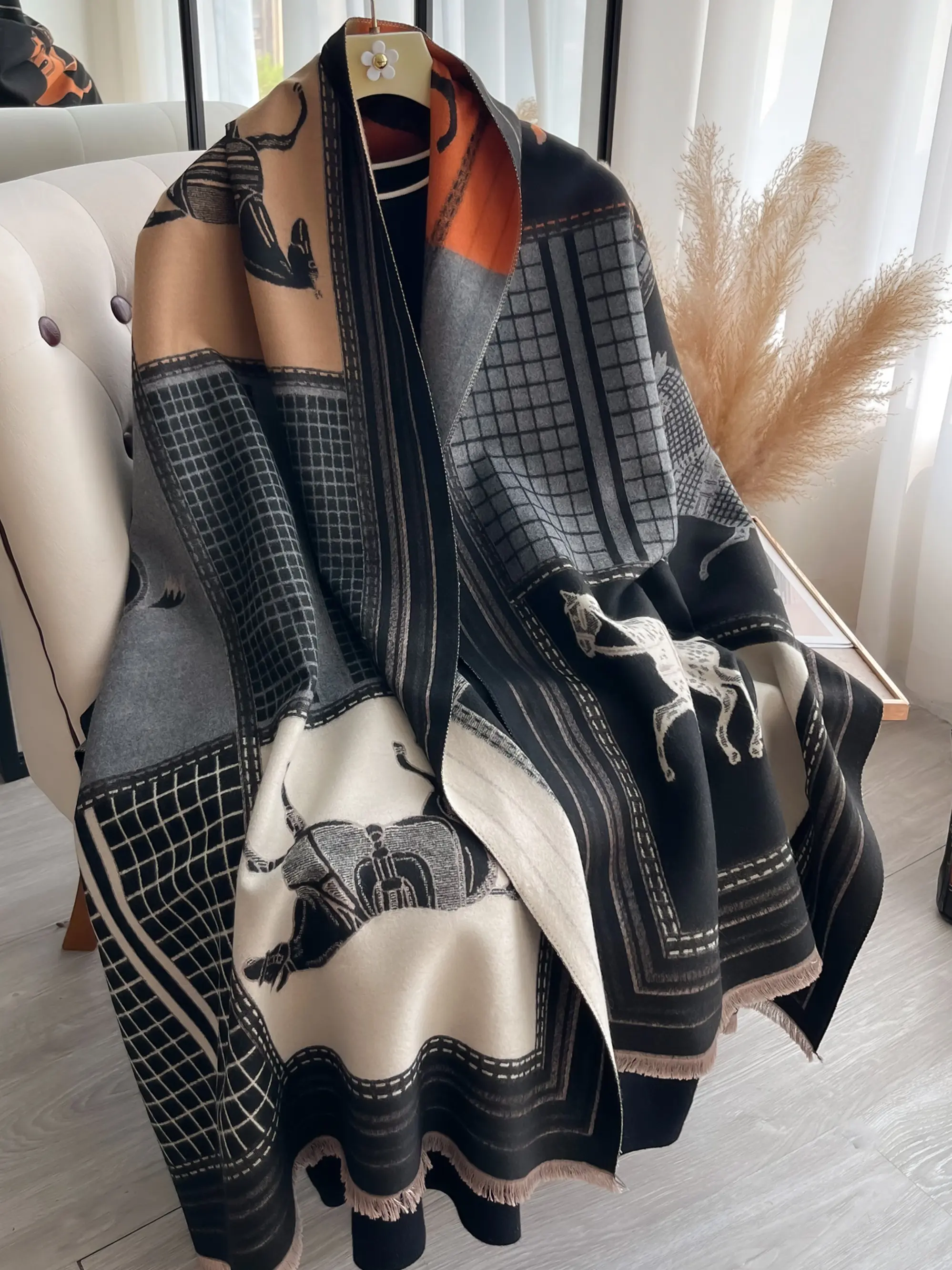 Women's Animal Print Boho Faux Cashmere Scarf, Thickened Fall Winter Fashion Shawl, Casual Warm Wrap for Daily Wear