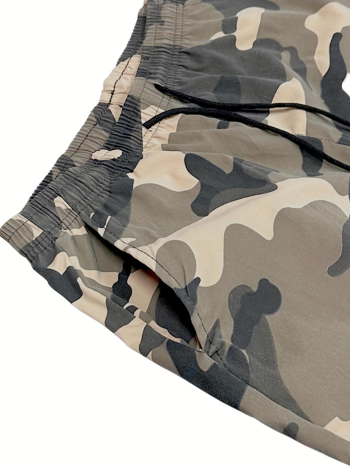 Men's 2-piece camouflage workwear, ankle tied casual pants Multi pocket drawstring elastic waist loose sports work pants two-piece set Outdoor military style camouflage work pants 2-piece combination