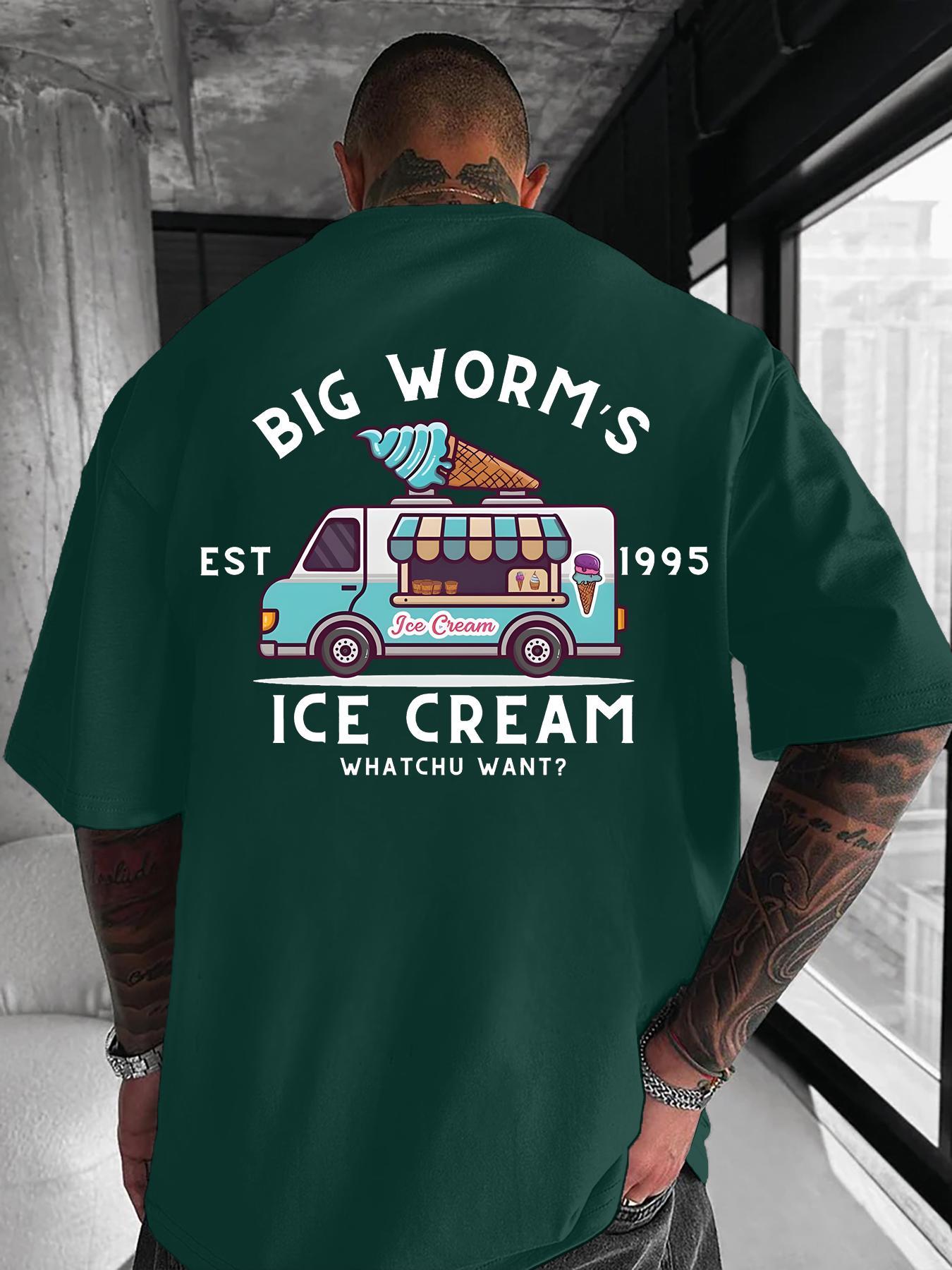 Men's Cartoon Ice Cream Truck & Letter Print Round Neck Tee, Loose Street Fashion Casual Short Sleeve T-shirt for Daily Wear, Men's Clothes for All Seasons, Casual Fit Streetwear