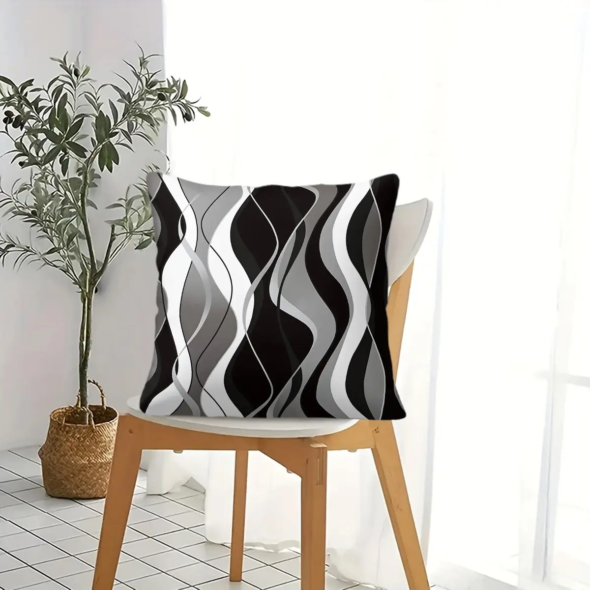 Modern Black White Gray Waves Throw Pillow, Minimalist Geometric Cushion Accent Pillow with Pillow Core, Soft Fabric, Soft Cushions For Sofa Bedroom Living Room Office Dorm Decor, Home Decorative Cushion, Great Gift for Modern Home Lovers