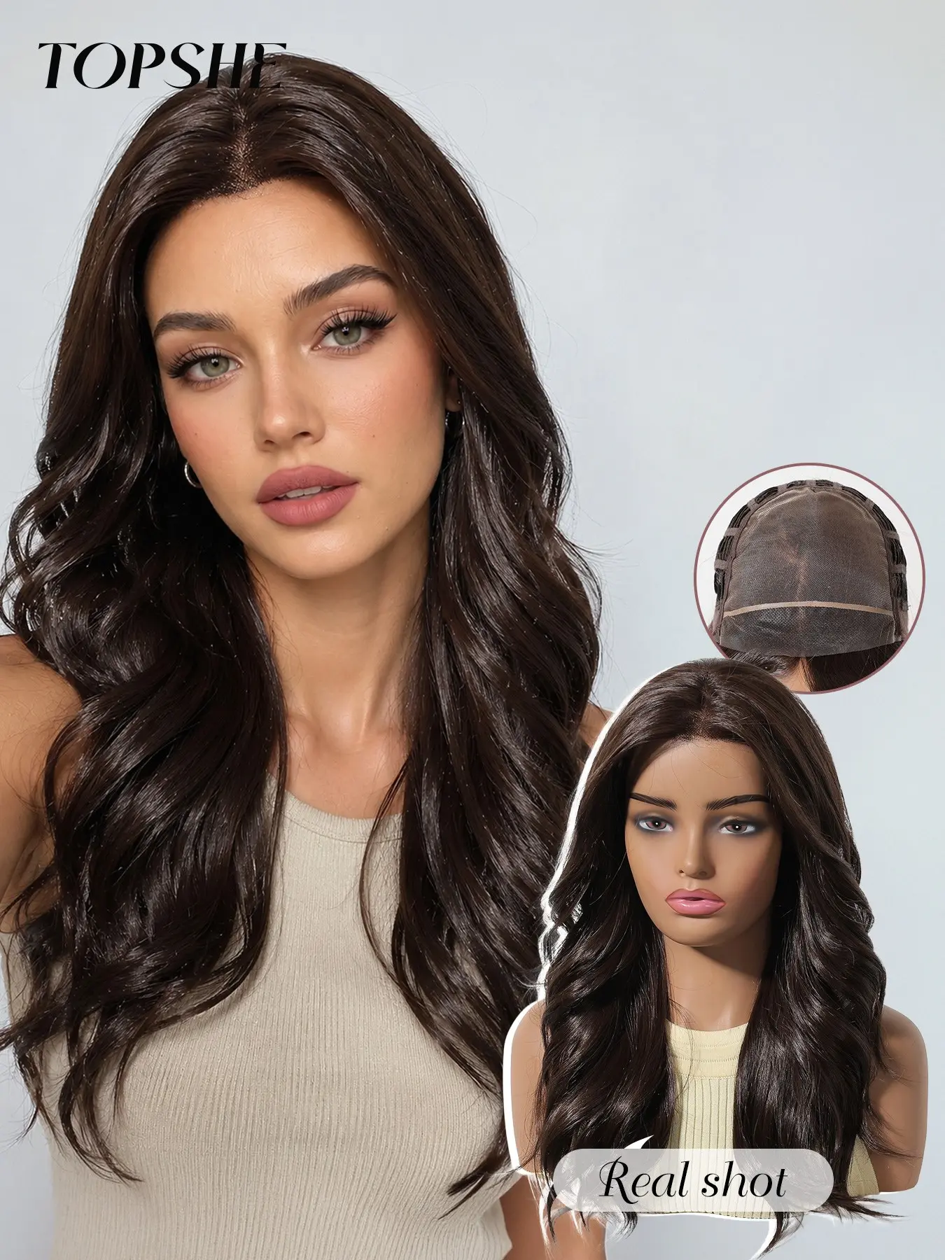 Topshe Mono Synthetic Wig 6.5*5.5 Chocolate Fiber, 22 Inch Long Wavy, Soft Touch, Realistic Hairline, Women's Daily Wear, All Seasons