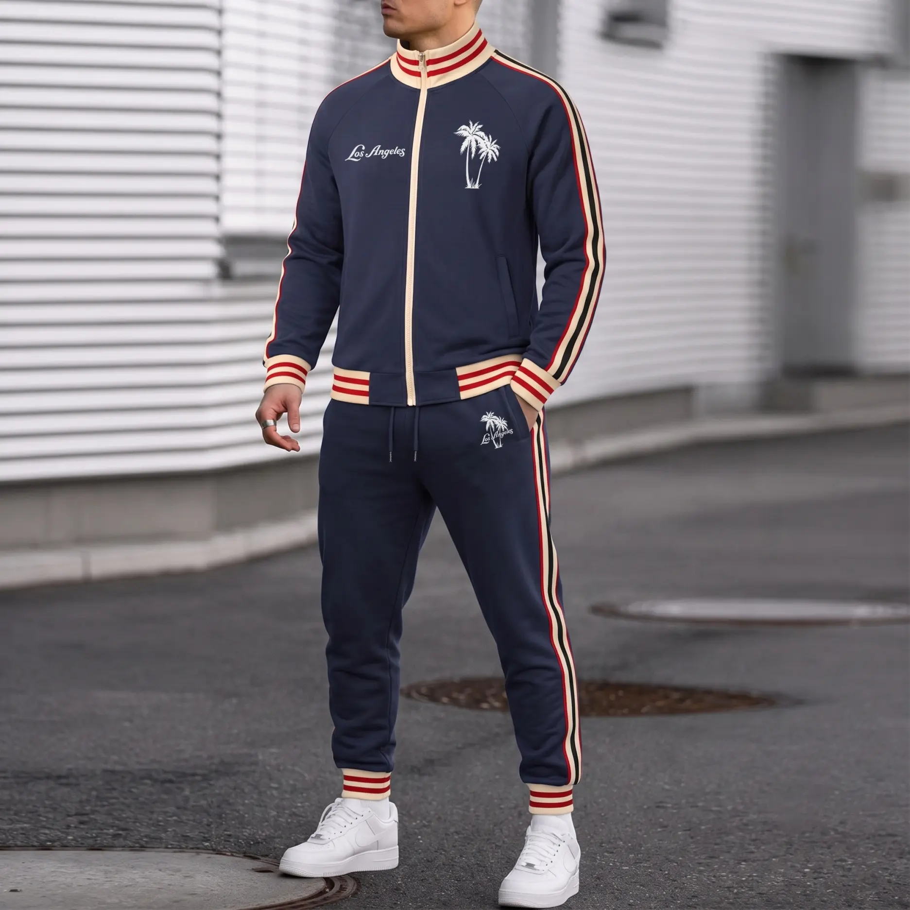 Men’s Los Angeles Palm Tree Graphic Tracksuit Set, Retro Stripe Zip Stand Collar Jacket and Drawstring Jogger Pants, Casual Athletic Two-Piece Outfit for Streetwear, Travel, Workout and Daily Wear