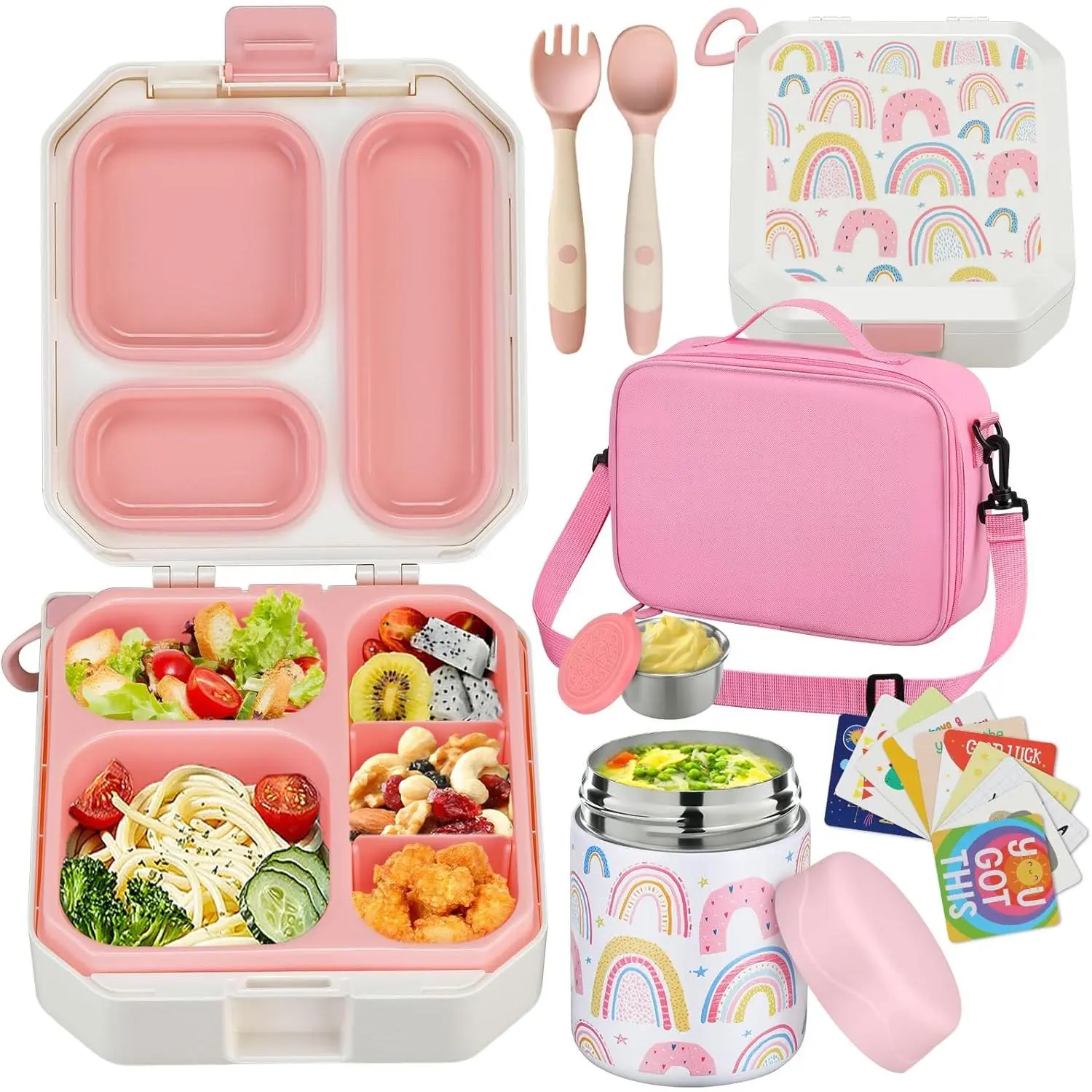 Bento Lunch Box for  with 12oz Soup Thermo Leak-Proof Lunch  Container with 5 Compartment Thermo Hot  Jar and Insulated Lunch Bag for   Girls Boys to School
