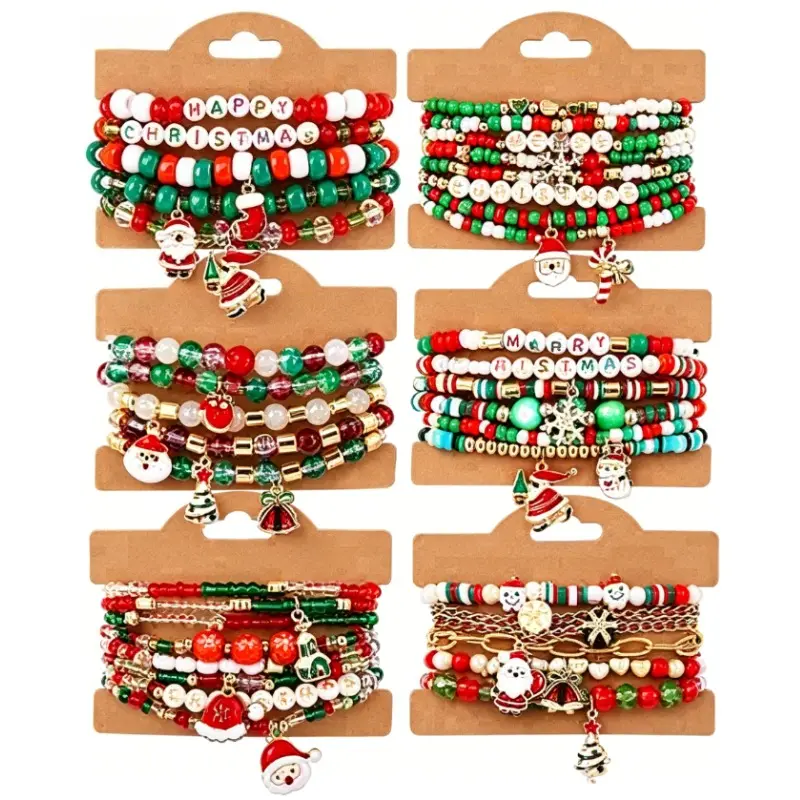 Christmas Charm Bracelets Set, Polymer Clay Beaded Bracelets with Santa, Reindeer, Tree, Bell, Sock Glove Designs. Perfect Holiday Party Favors Christmas Eve Gifts for Women