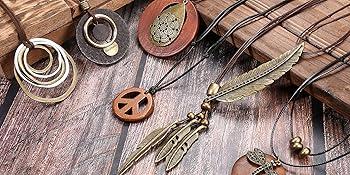 Adjustable 6Pcs Long Pendant Necklaces for Women Boho Vintage Wood Fall Sweater Necklaces Set Statement Feather Dragonfly Peace Sign Y Necklace Hippie Handmade Fashion Jewelry Accessories